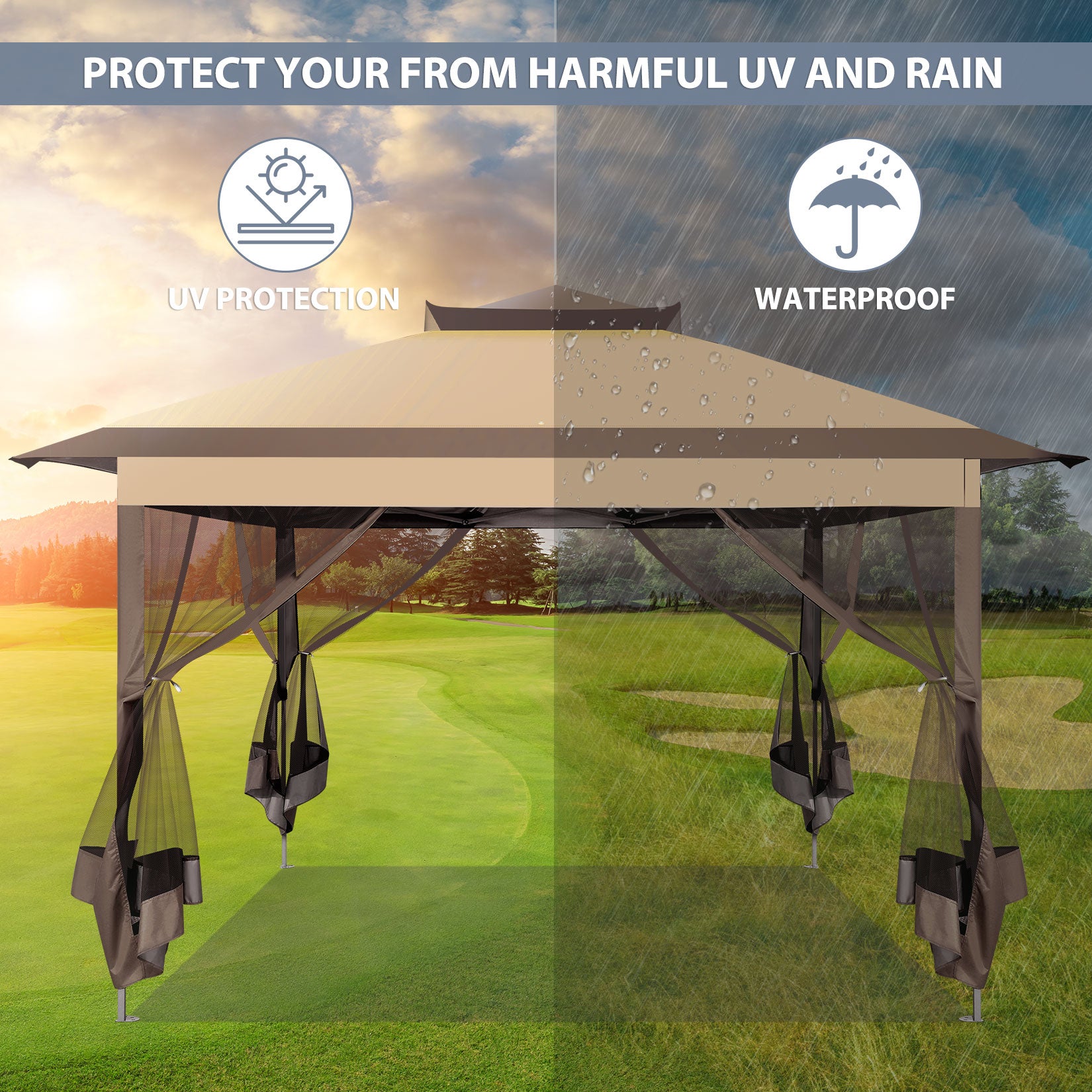 COBIZI 10'x10' Double Soft Top Gazebo Waterproof Canopy With Removable Mesh Wall SPC24