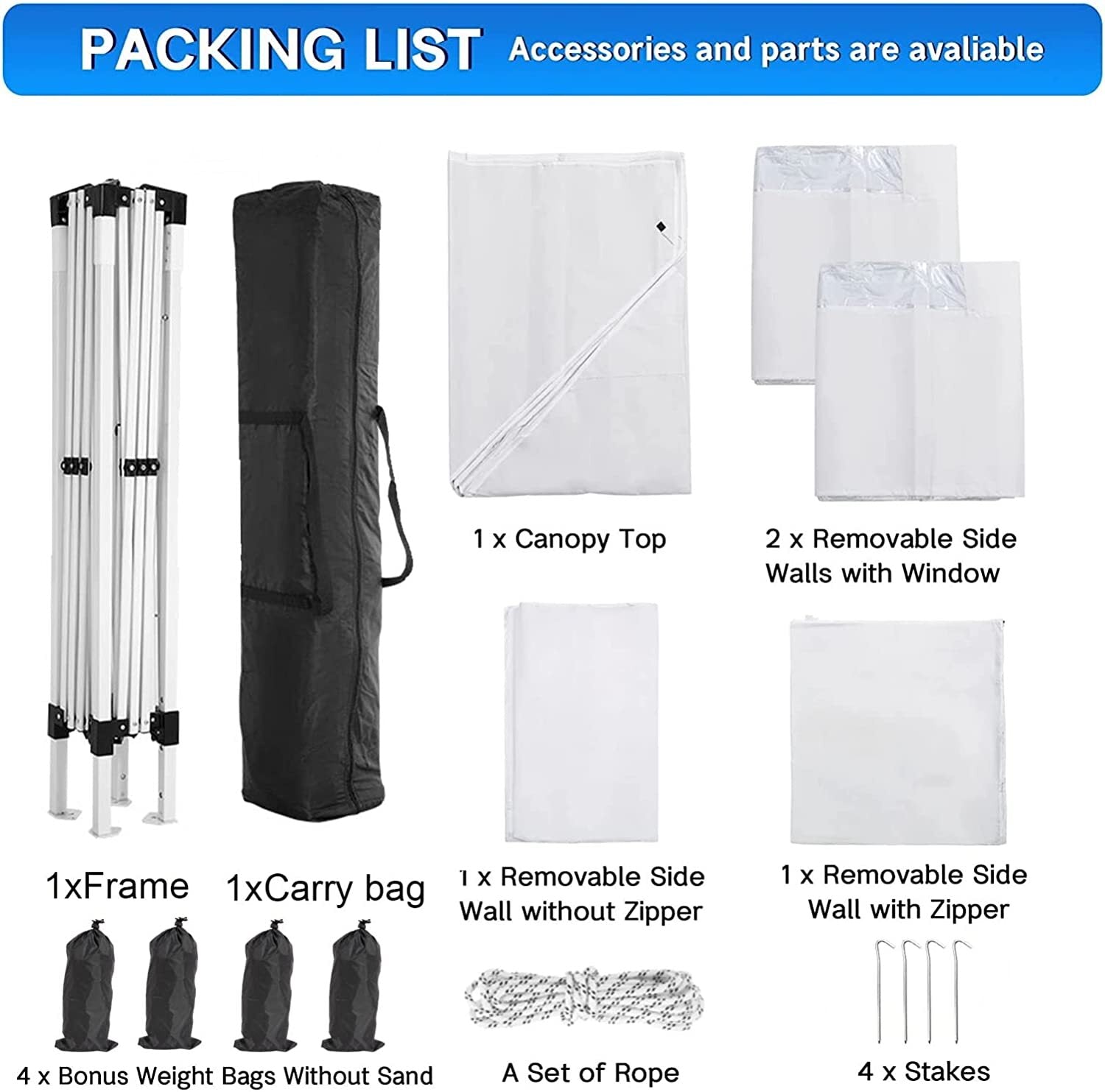 YUEBO 10'x10' Outdoor Pop Up Canopy Tent Commercial Instant Canopies Heavy Duty Shelter with Roller Bag, Bonus 4 Sand Bags, 4 Removable Sidewalls & Carrying Bag for Wedding Picnics Camping (White)