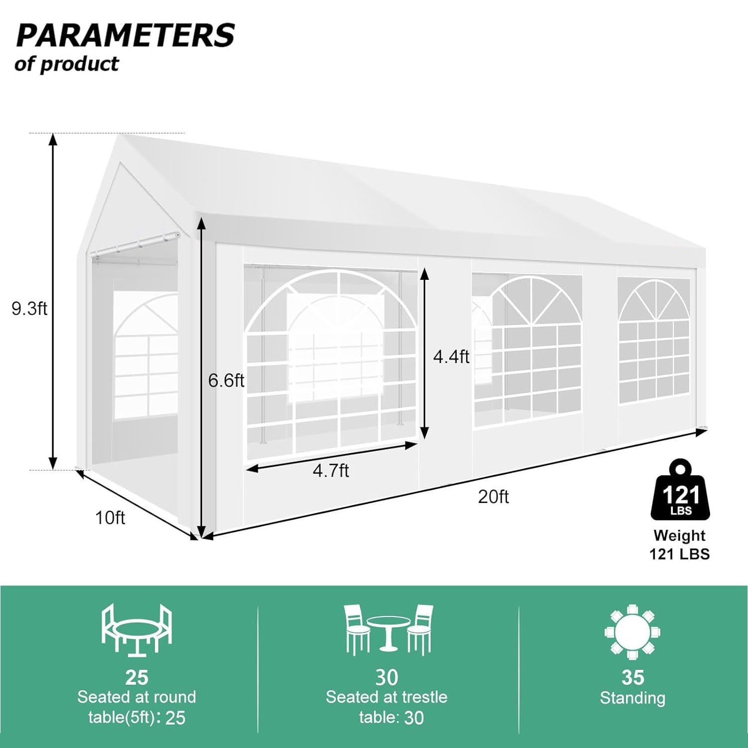 COBIZI 10' x 20' party tent, suitable for wedding parties, outdoor events, gazebos, shelter awnings, with removable side wall windows