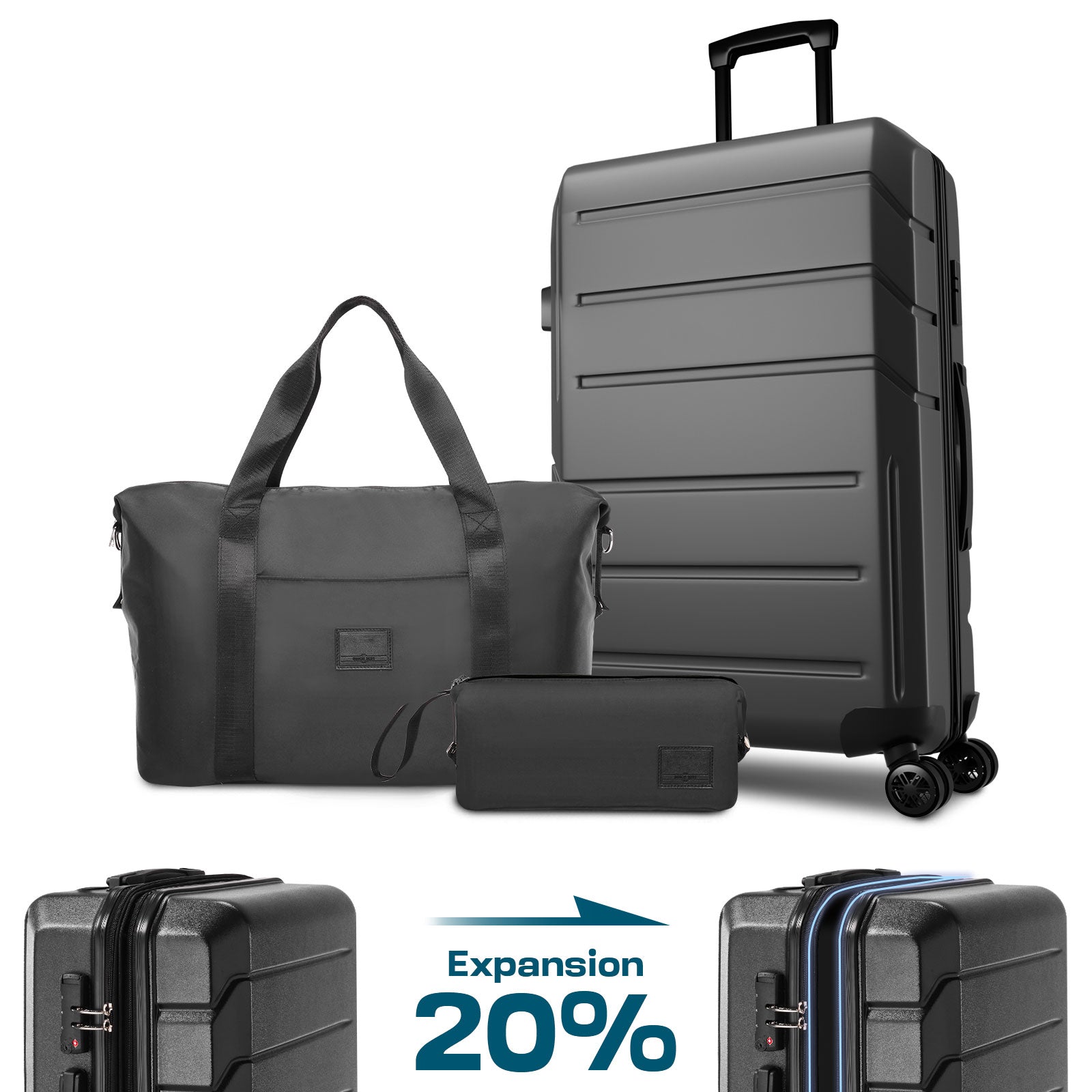 HOTEEL 3 Piece Carry on Luggage Set,Expandable ABS+PC Lightweight Hard Shell Suitcases with Spinner Wheels&TSA Lock,Portable Travel Bag and Toiletry Bag,Blue