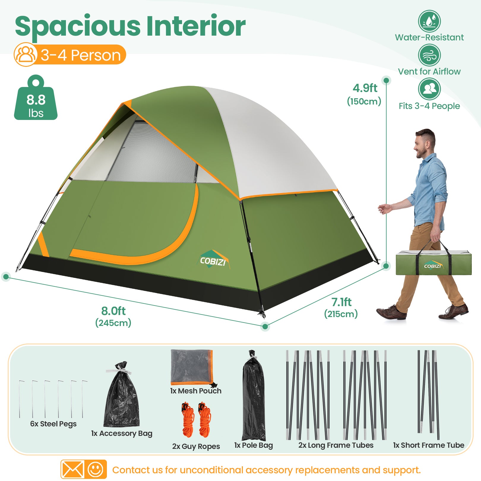 COBIZI 4 Person Camping Tent Easy Setup with Rainfly & Screen Windows SPC174