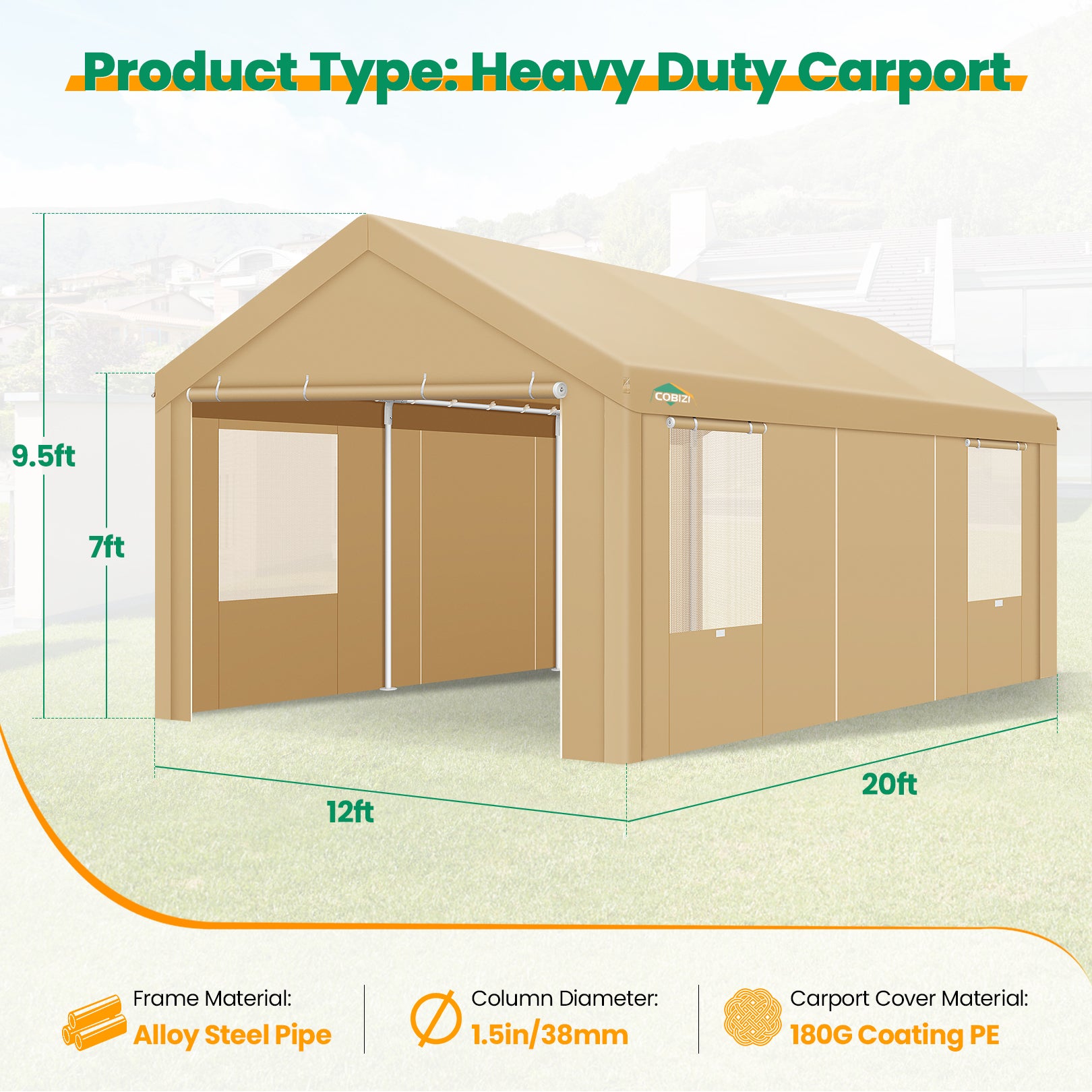 Cobizi 12'x20' Large Heavy Duty Canopy Carport with Steel Frame SPC104