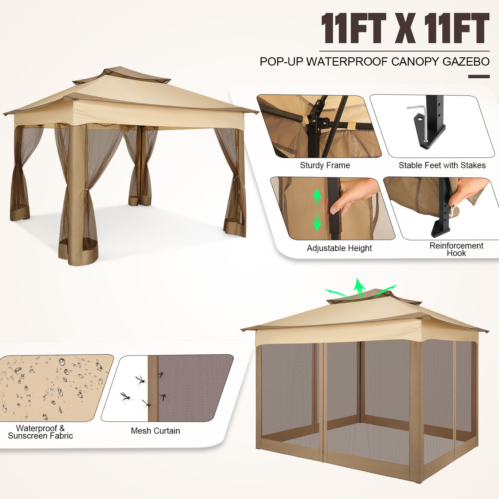 HOTEEL 11x11 Pop Up Gazebo Outdoor Canopy Shelter, Instant Patio Gazebo Sun Shade Canopy Tent 121 Square Feet of Shade for Lawn, Garden, Backyard & Deck, Khaki