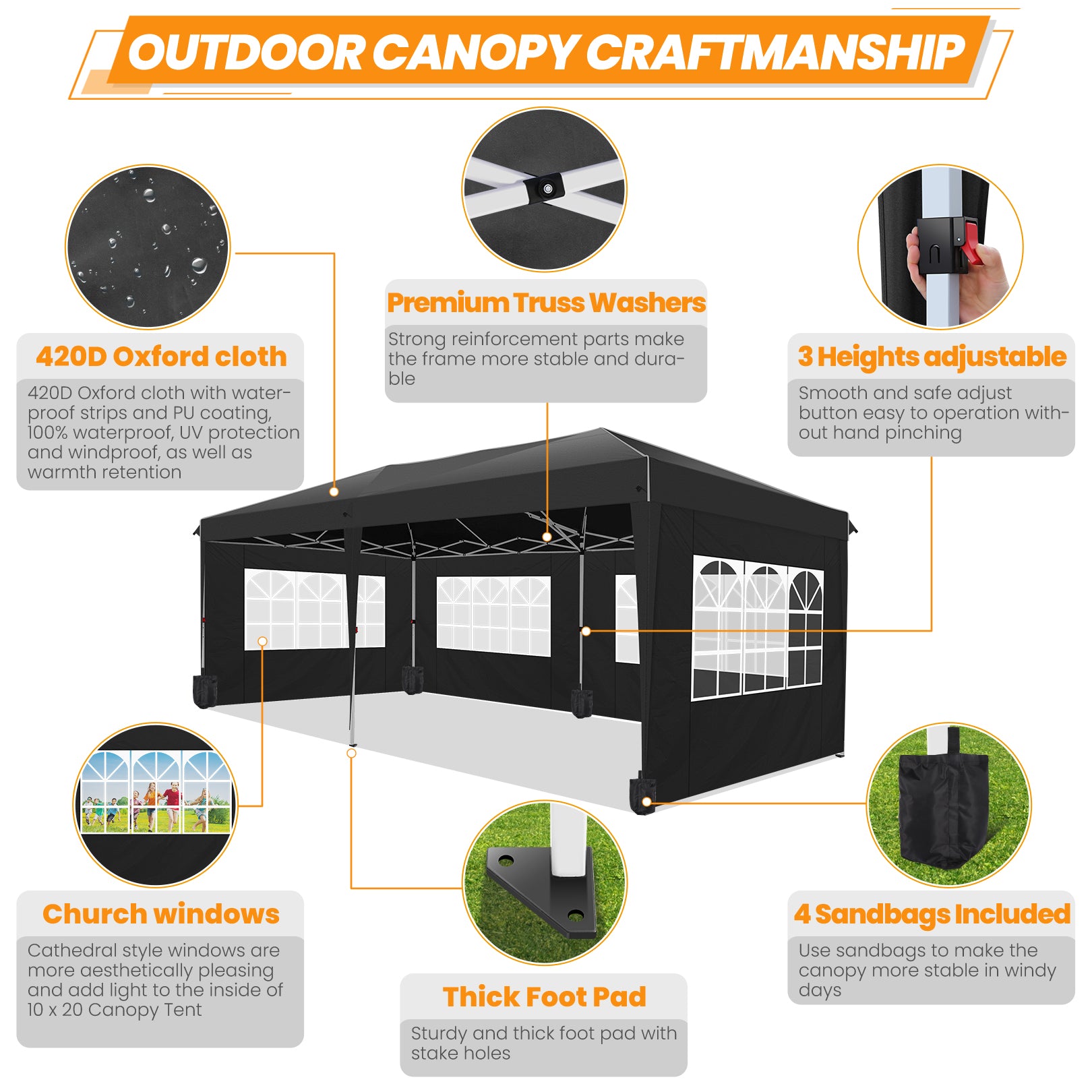 HOTEEL 10'x20' Pop Up Canopy with Sidewalls,Easy Up Canopy Tent with Carry Bag,Outdoor Canopies with 4 Sandbags,Large Tents for Outdoor Events,Wedding,Backyard,Commercial,Black