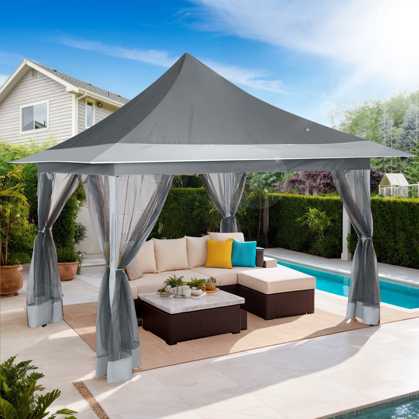 HOTEEL 12x12 EZ Pop Up Gazebo Tent with Sidewalls,Patio Gazebo Instant Shelter for Outdoor Party Camping Backyard Beach with Carry Bag,Stakes,Ropes,Khaki