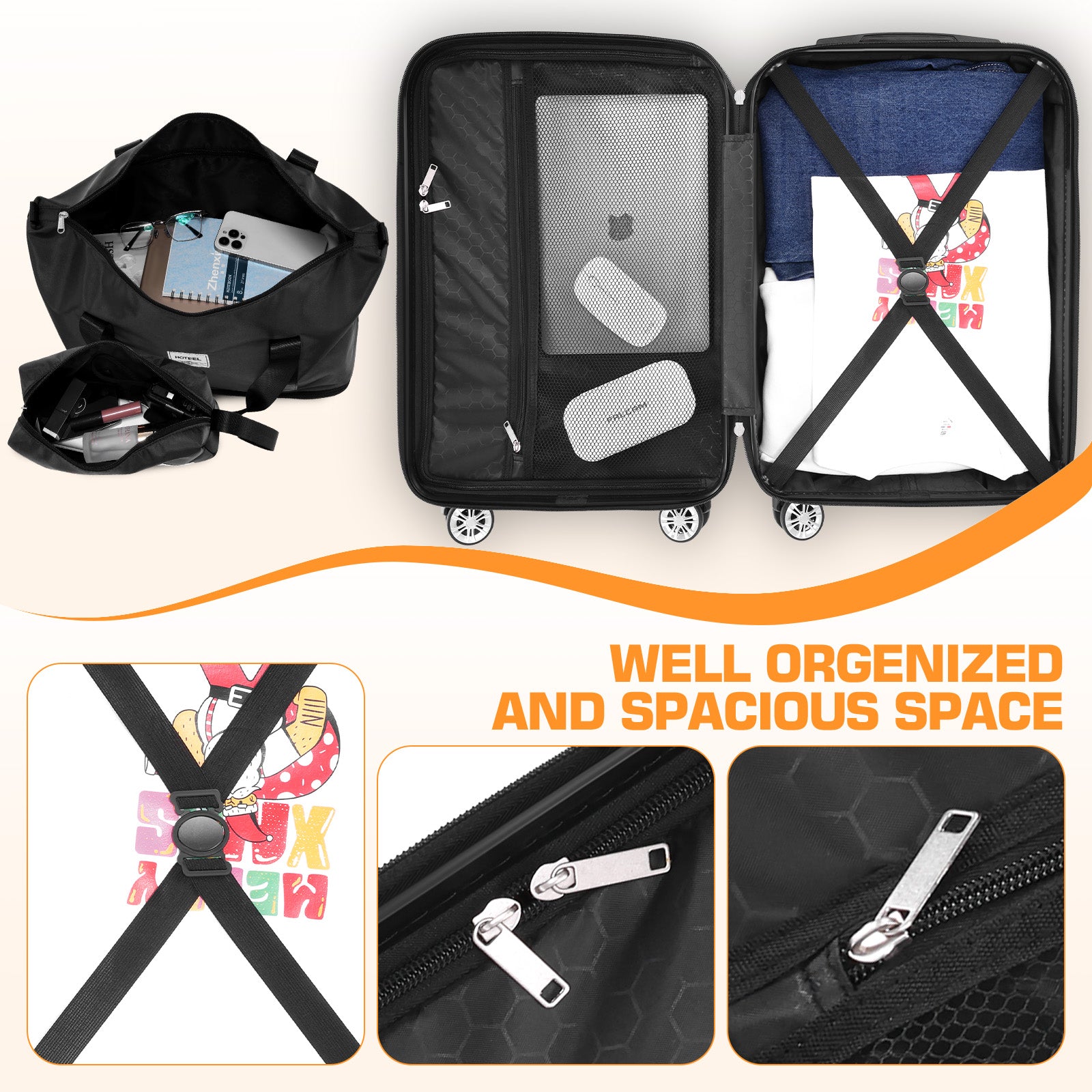 HOTEEL Luggage 3 Piece Set, Suitcase Set with Spinner Wheels & TSA Lock, 20 in Hardside Lightweight Luggage Set with duffel bag & toiletry bag, Black