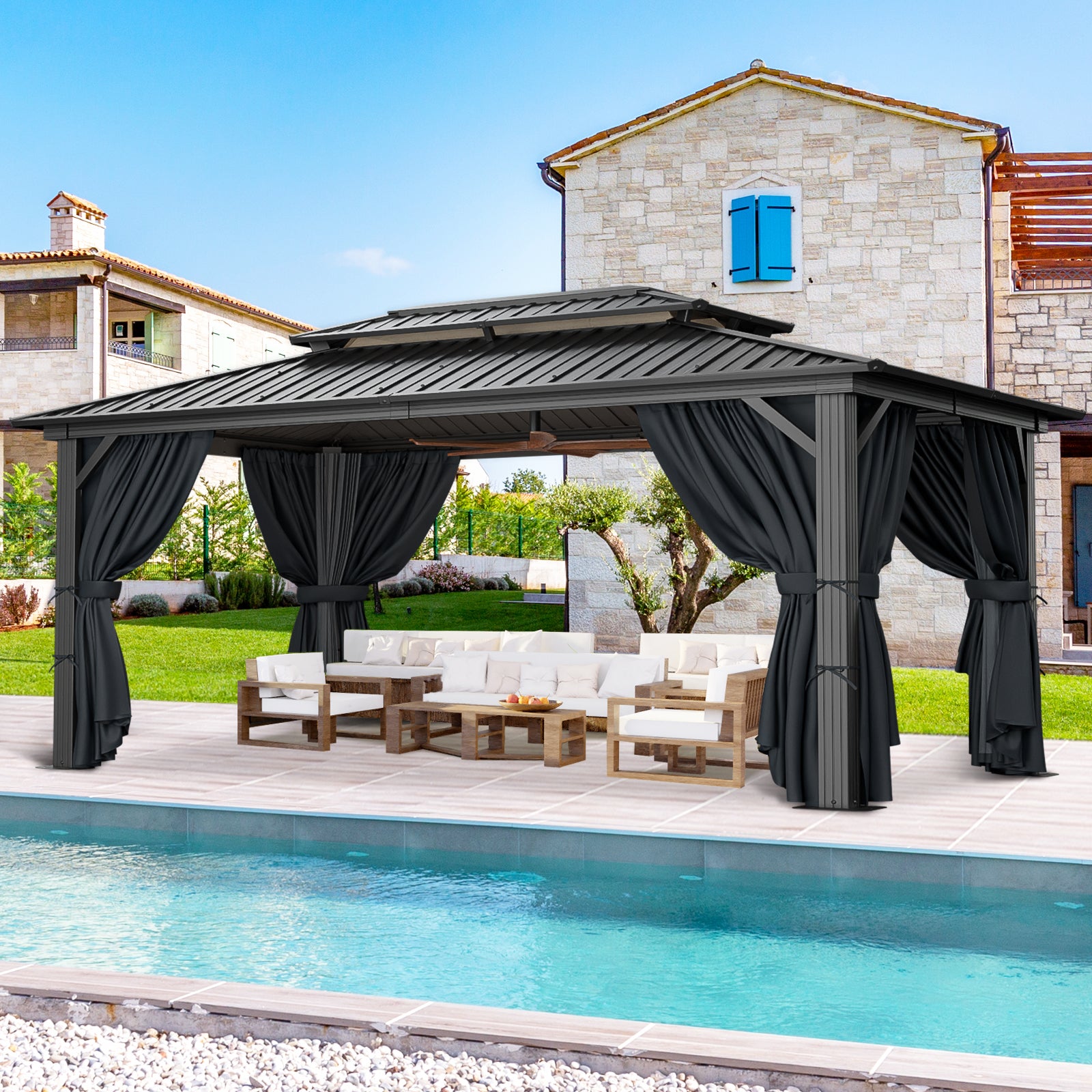 COBIZI 10'x15' Heavy Duty Hard Top Gazebo with Curtains & Netting, Black SPC274