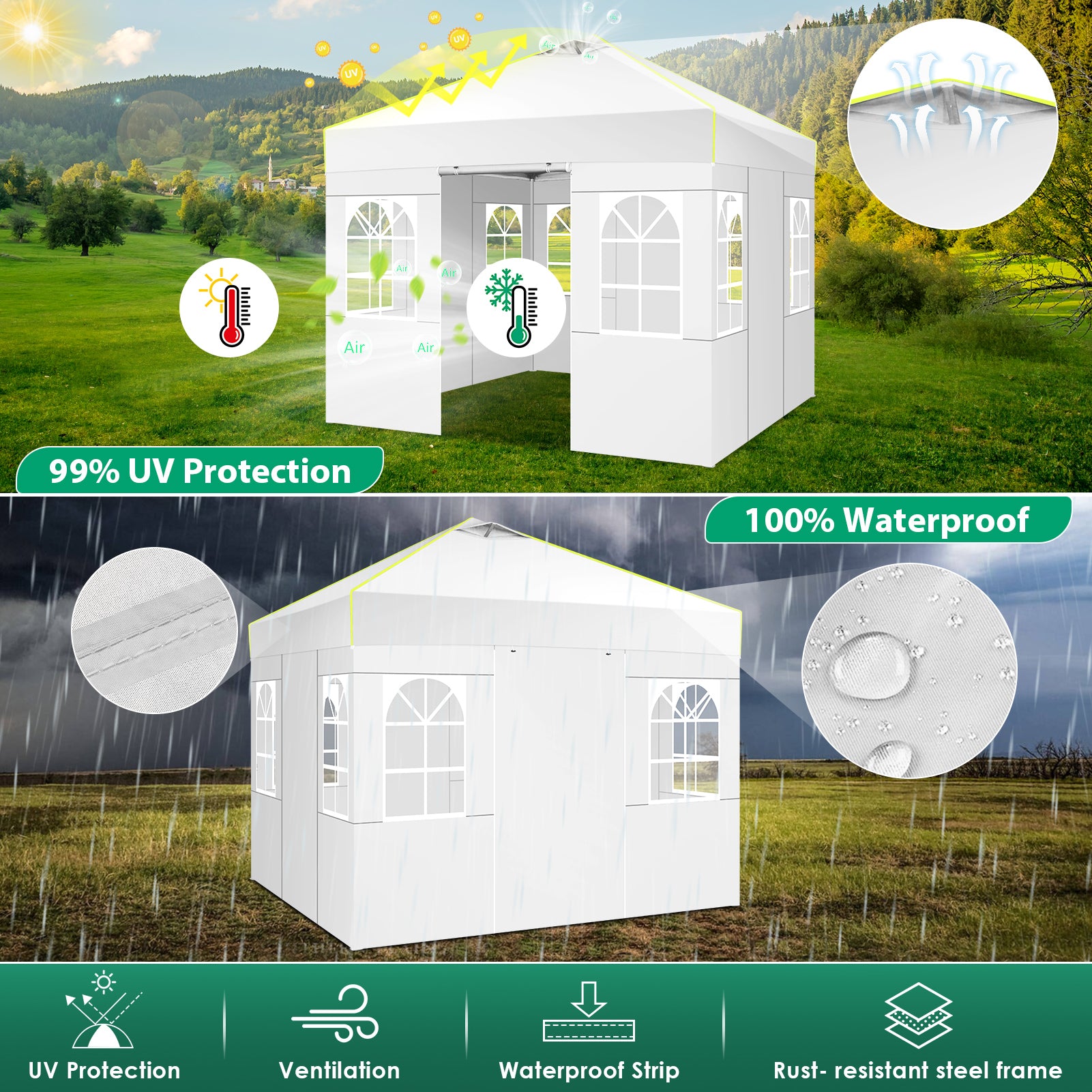 COBIZI Canopy 10'x10' Pop Up Canopy Tent 1-Button Push Easy up Outdoor Canopy Instant Portable Commercial Shelter Waterproof UPF50+ Gazebo with Reflective Strip, Air Vent & 4 Sandbags SPC000100