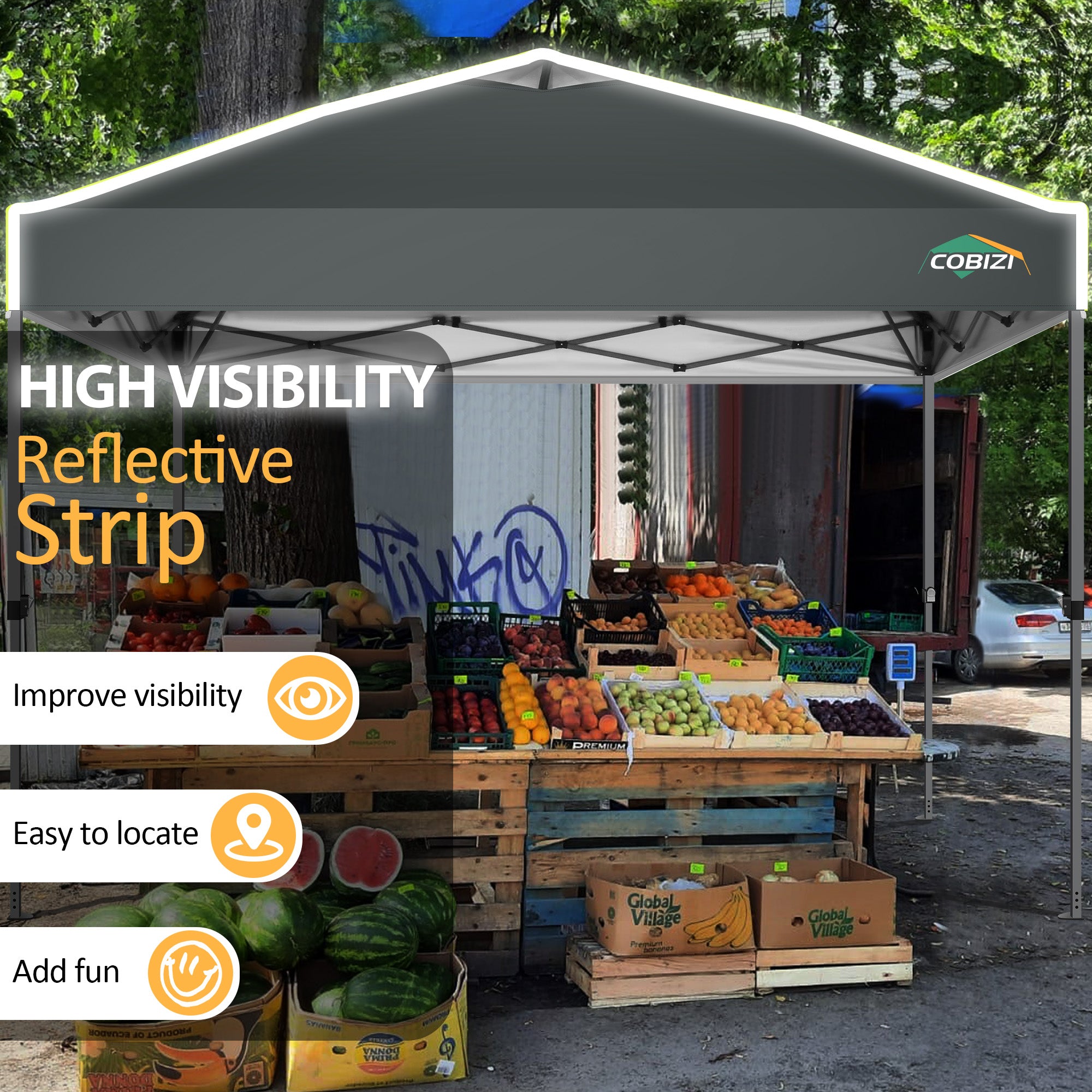 COBIZI 10'x10' Waterproof Pop Up Canopy With Reflective Strip & Air Vent, Easy Setup, 1-Button Push SPC100