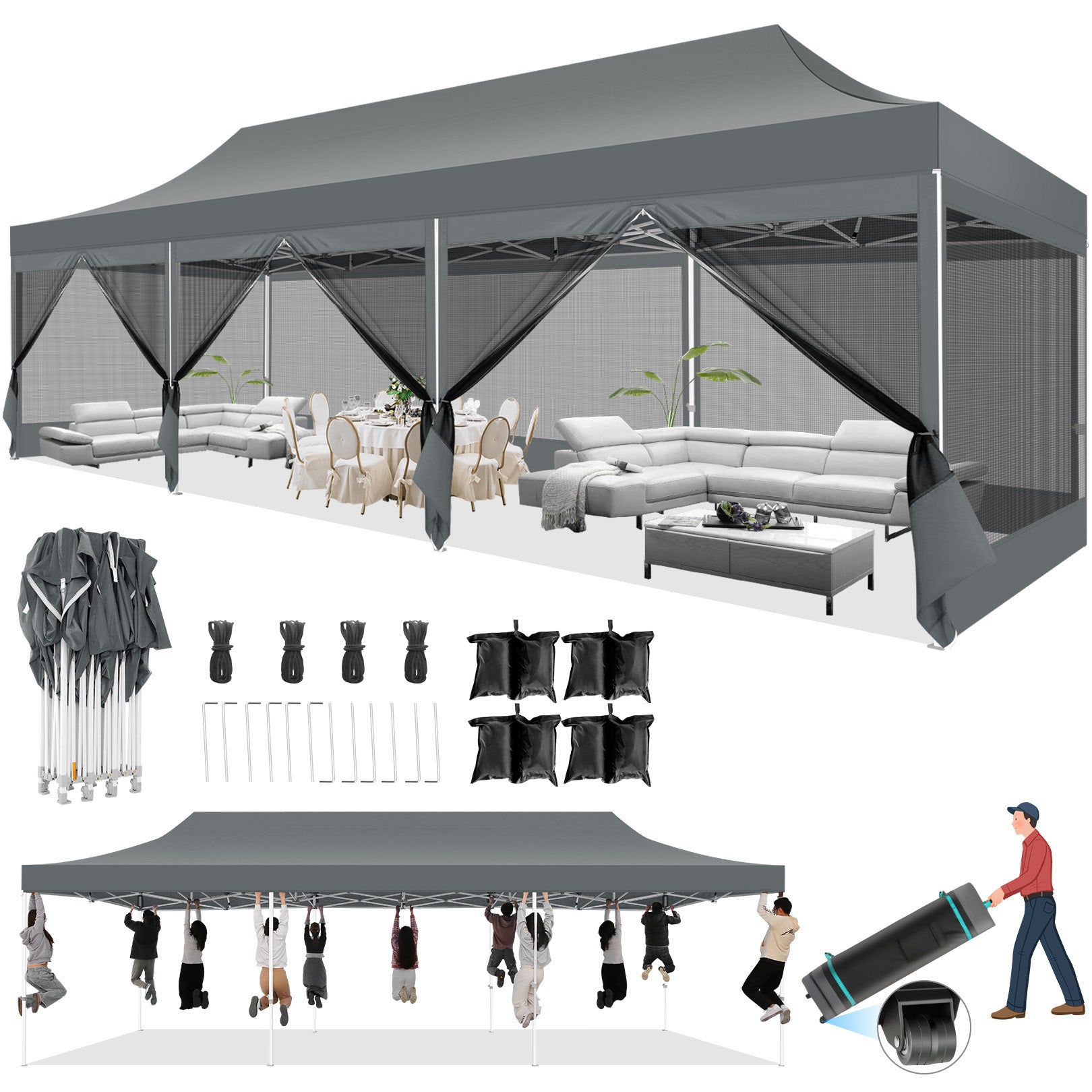 COBIZI 10'x30' Heavy Duty Canopy Tent, Pop up Gazebo with Netting Screened ,Waterproof Ez up Canopy with Sidewalls, Outdoor Instant Party Tent for Backyard,Dark Blue