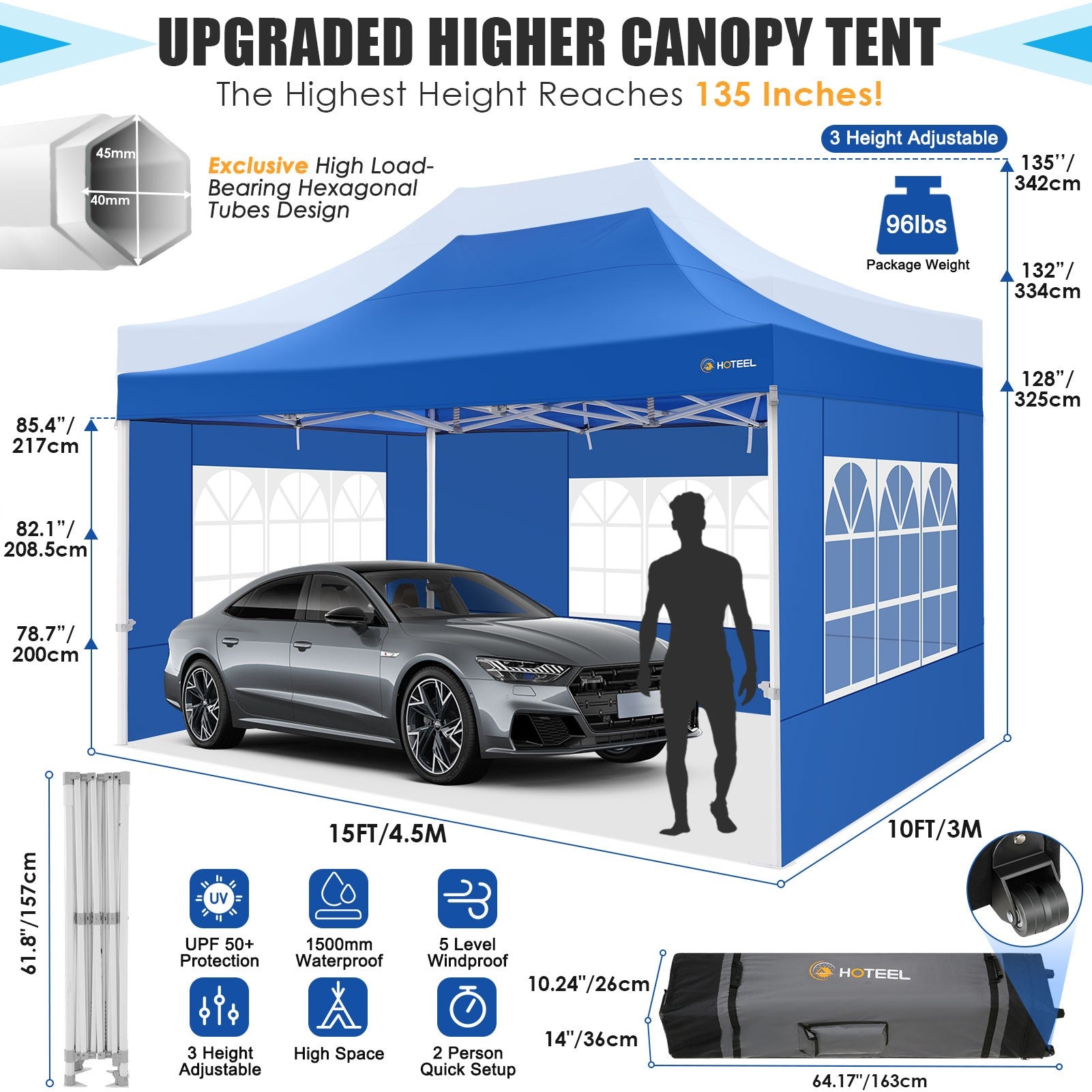 Hoteel 10x15 Heavy Duty Canopy Tent with 4 Sidewalls,Pop up Canopy for Parties Wedding,Commercial Easy up Gazebo with Roller Bag,UV 50+ &,Blue