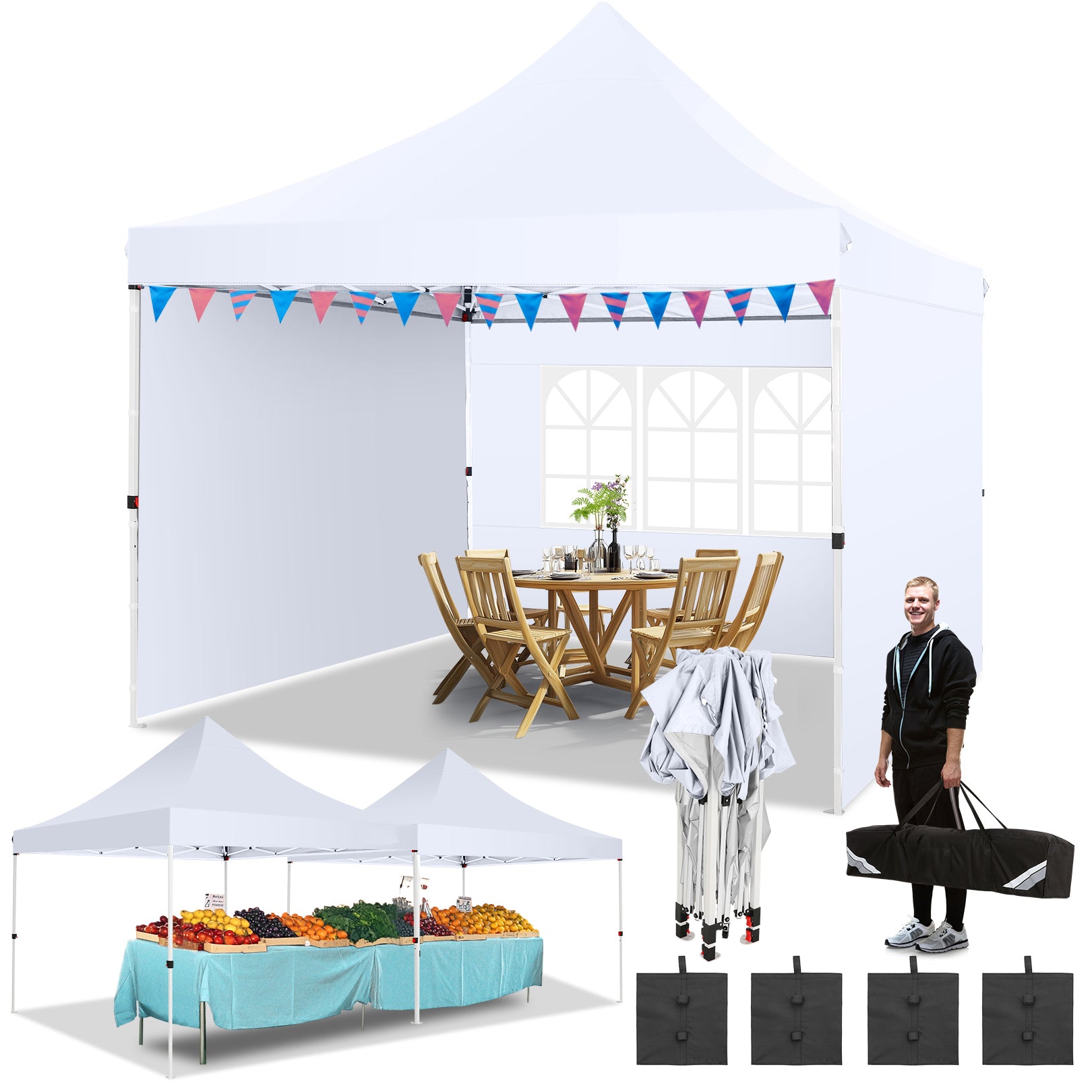 Hoteel 10'x10' Pop Up Canopy Tent with 3 Sidewalls, Outdoor Canopy Tent Waterproof Pop Up Backyard Canopy Portable Party Commercial Instant Canopy Shelter Tent Gazebo for Wedding Camping, White