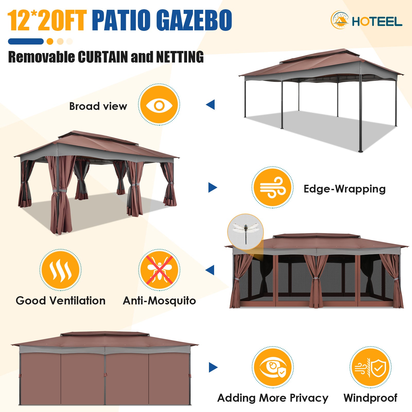 Hoteel 12'x20' Heavy Duty Canopy Gazebo, Home Outdoor Waterproof Large Party Tent & Shelter with Double Roofs, Mosquito Nettings and Privacy Screens for Backyard, Garden, Lawn, Smoke, Brown