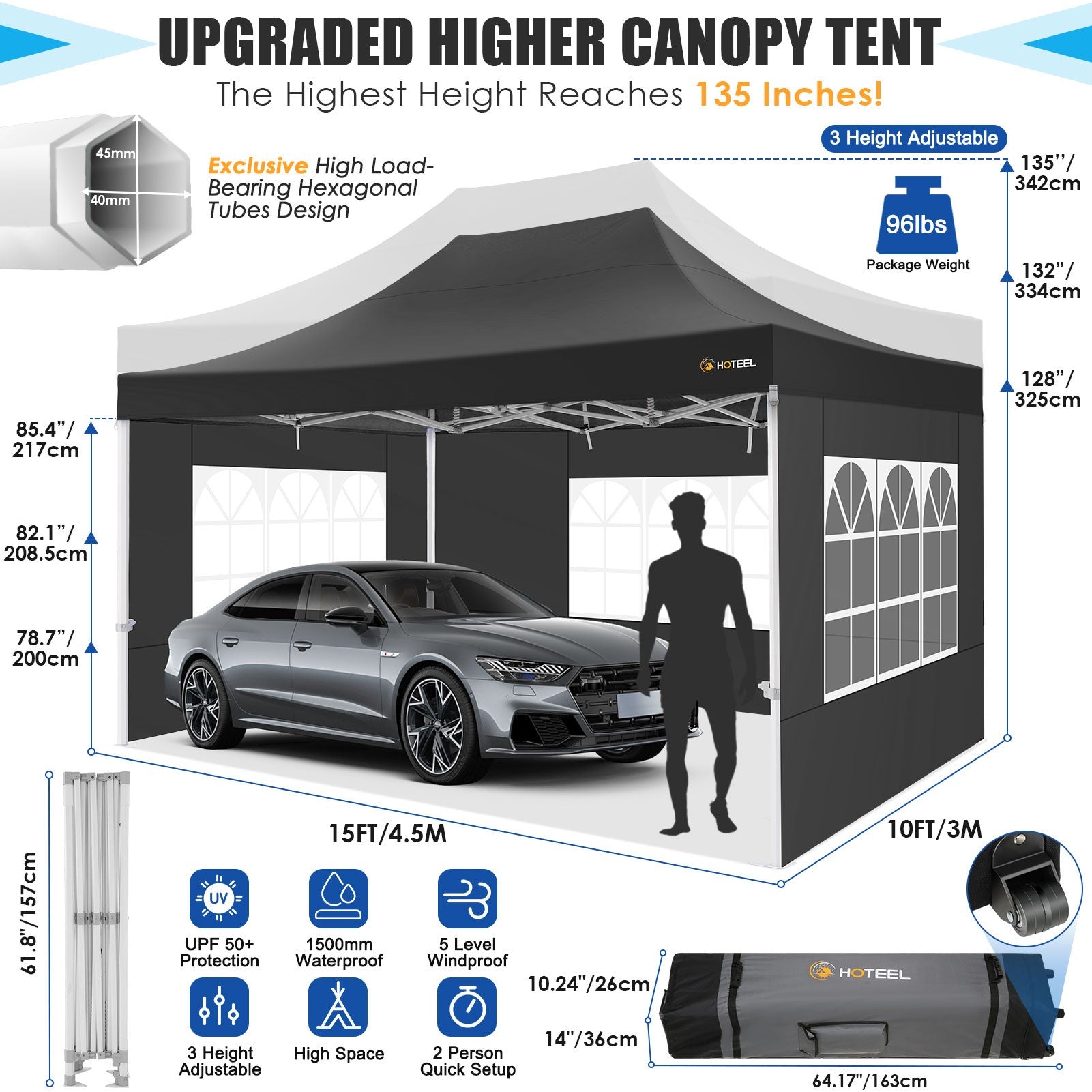 Hoteel 10'x15' Heavy Duty Canopy Tent with 4 Sidewalls,Pop up Canopy for Parties Wedding,Commercial Easy up Gazebo with Roller Bag,UV 50+&Waterproof