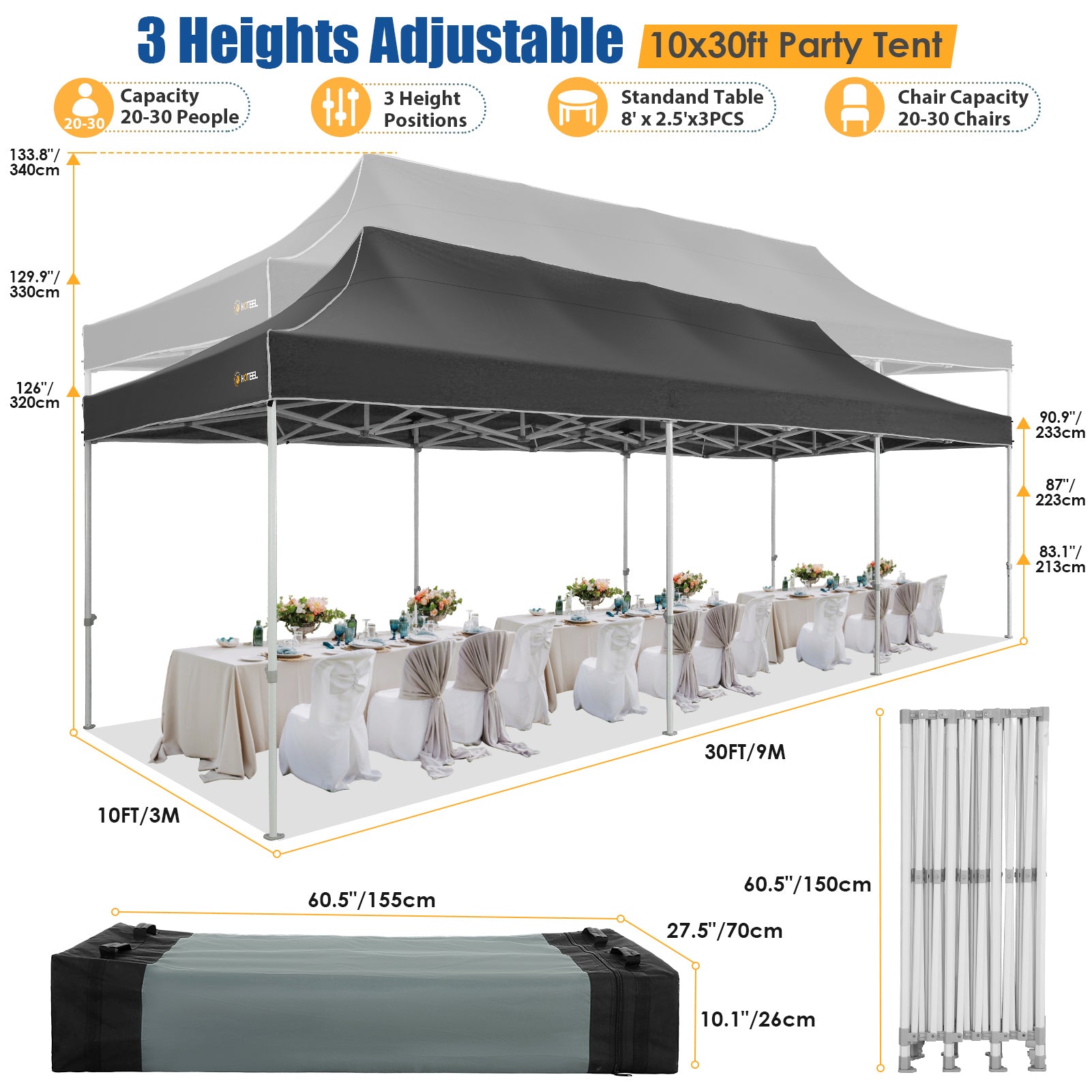COBIZI Canopy 10'x30' Pop up Canopy with 8 Sidewalls Heavy Duty Party Tent Outdoor Party Event Gazebo Commercial Canopy Tents for Parties Wedding Outdoor Events, Black (Upgraded Frame&Windproof)
