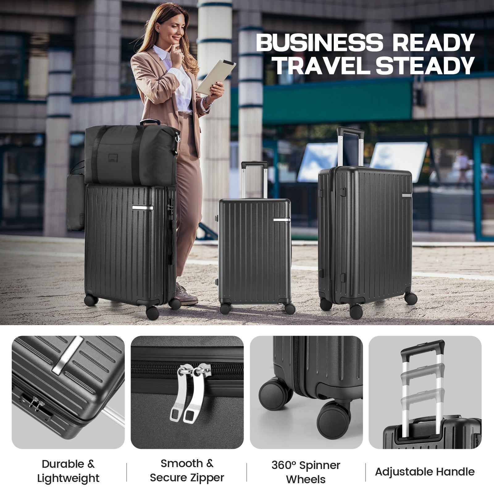 Hoteel 3 Piece Luggage Set,ABS+PC Hardside Suitcase with TSA Lock Spinner Wheels,5 PCS Carry On Travel Luggage with Duffel Bag and Toiletry Bag.(Black)