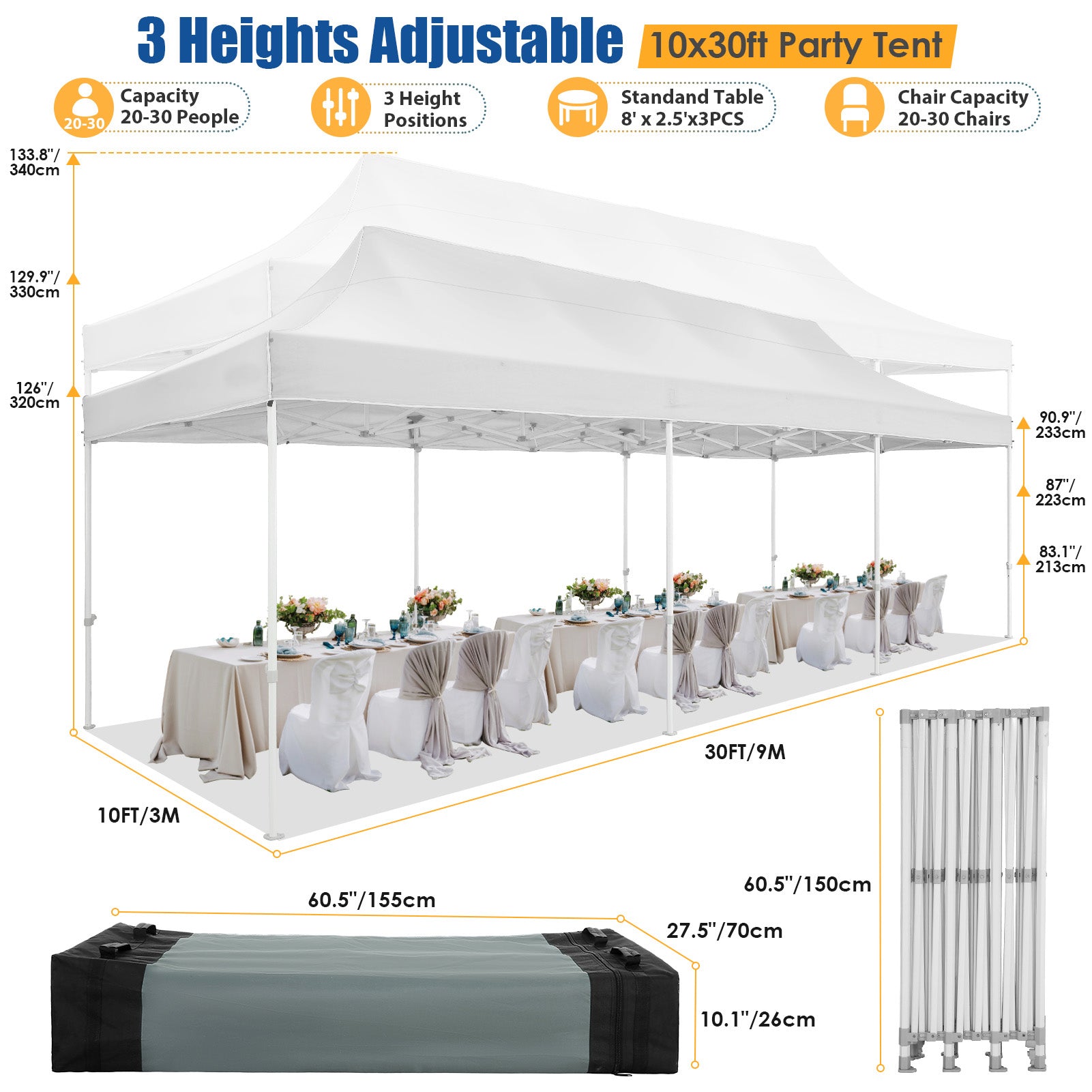 HOTEEL 10¡¯x30' pop-up tent, suitable for parties, heavy-duty easy-to-set-up tent with 8 side walls, outdoor commercial instant gazebo, suitable for wedding events, with portable bag