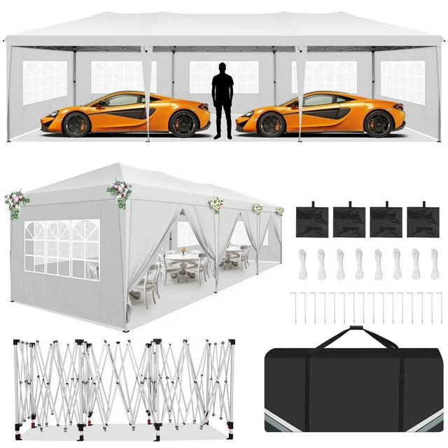 Cobizi 10'x10'/10'x20/10'x30'Pop up Canopy Tent, Protable Canopy Tent with 6 Sidewalls Waterproof Commercial Pop up Tent for Parties, Wedding, Camping, Courtyard with Carry Bag,White SPC000202