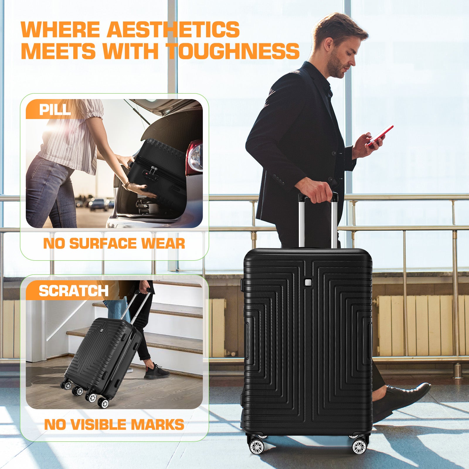 HOTEEL Luggage 3 Piece Set, Suitcase Set with Spinner Wheels & TSA Lock, 20 in Hardside Lightweight Luggage Set with duffel bag & toiletry bag, Black