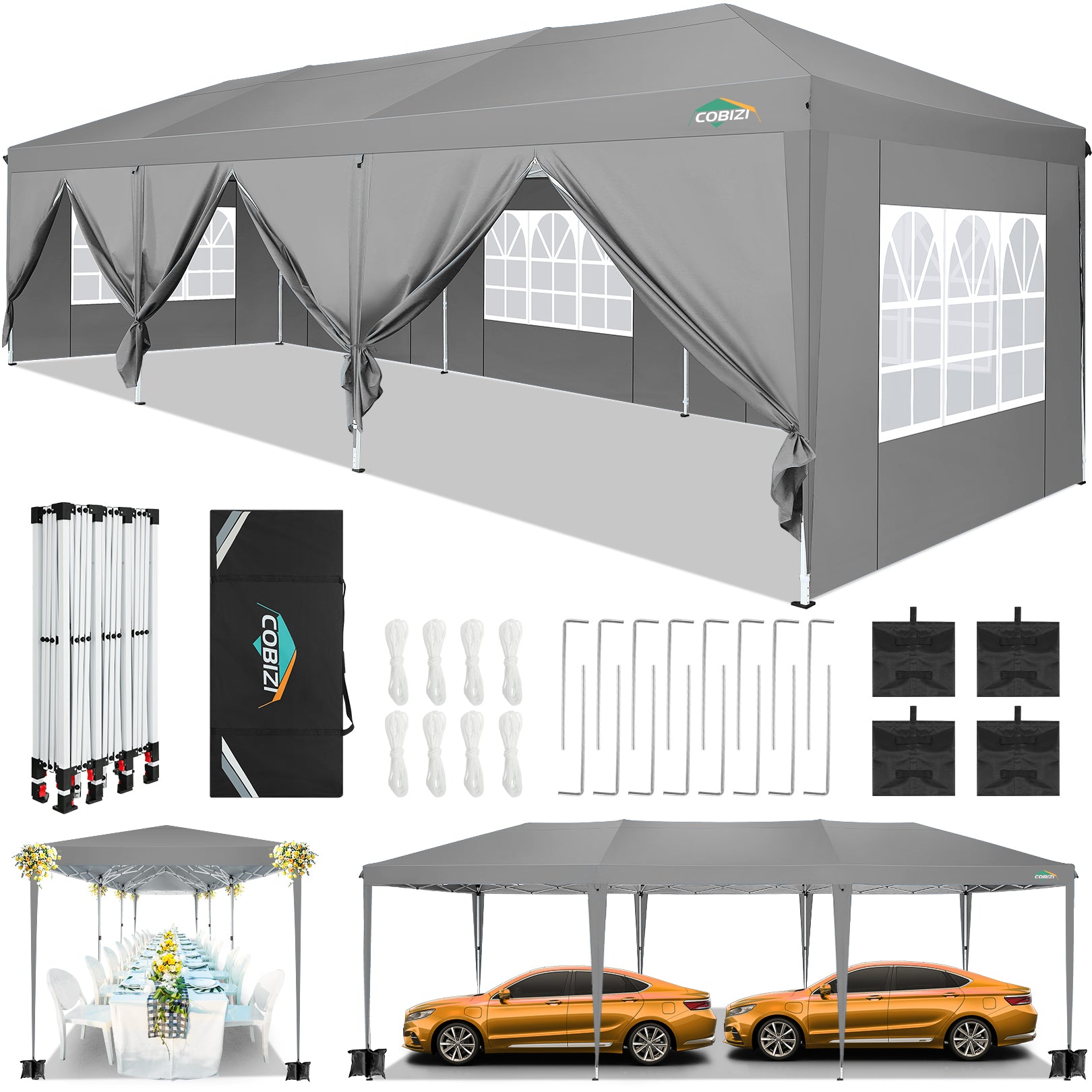 COBIZI 10'x30' Pop up Canopy with 6 Sidewalls & Carry Bag, Black SPC204
