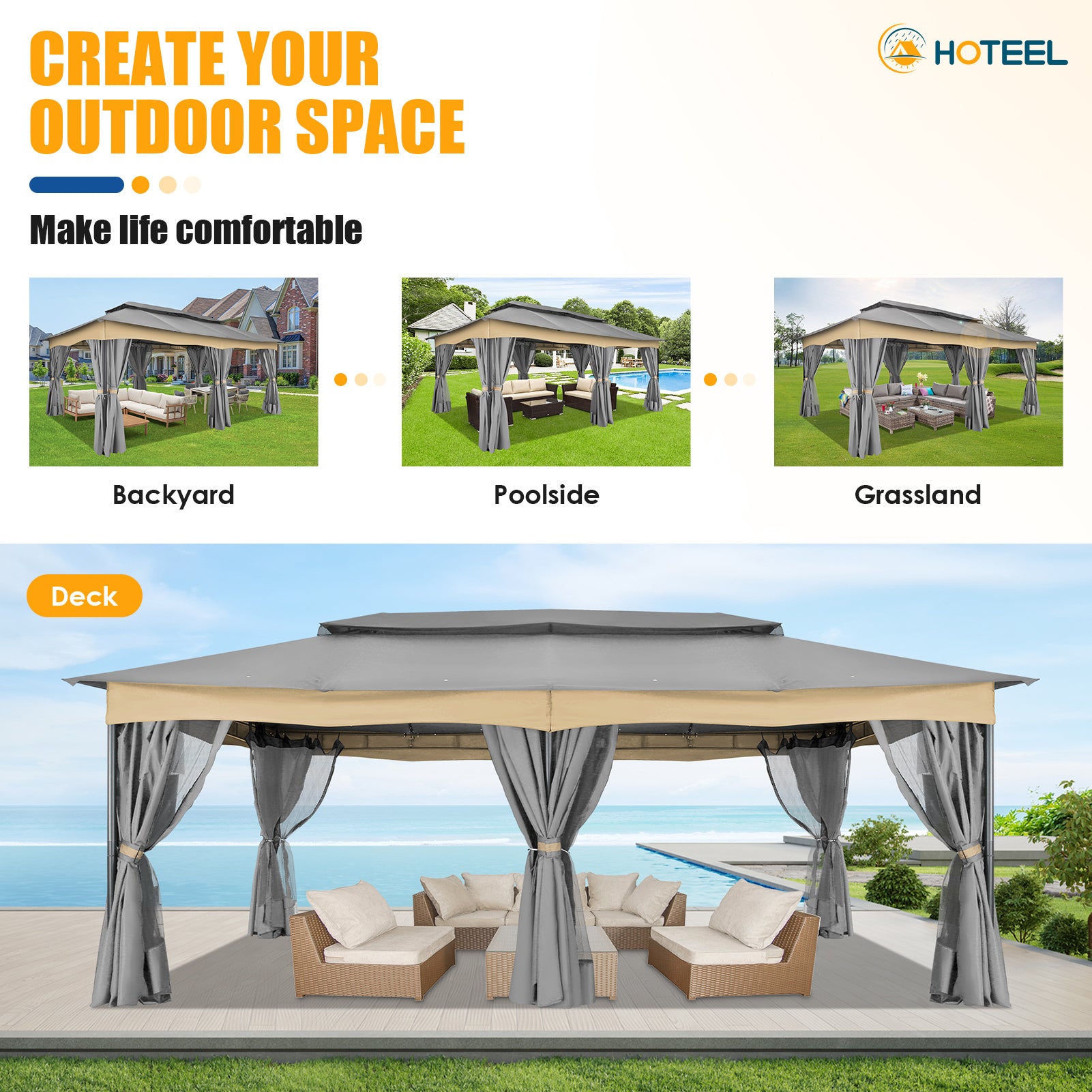 COBIZI 12'x20' Patios Gazebos with 4 Sidewalls & Double Soft Roof, Khaki SPC307