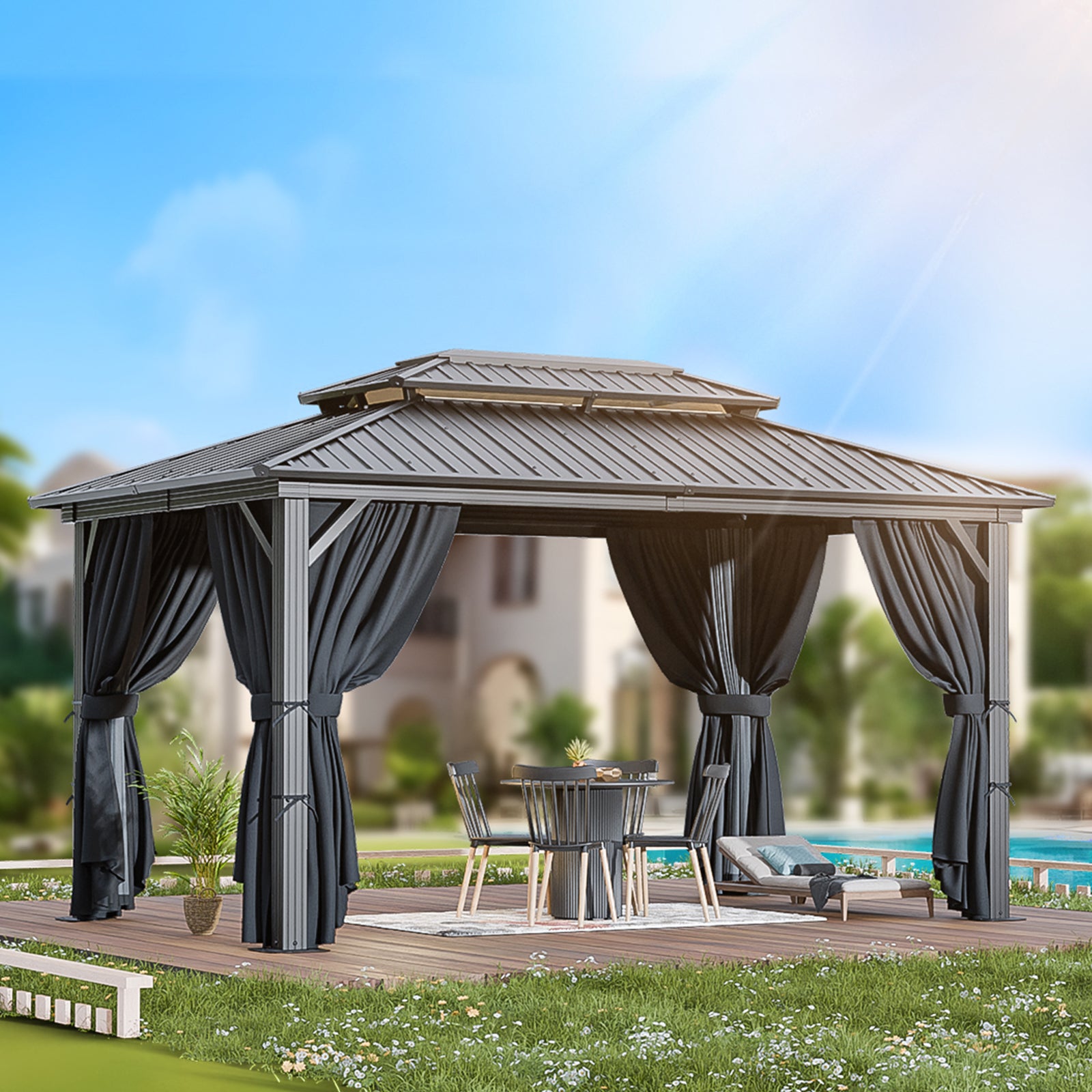 COBIZI 10'x12' Heavy Duty Hard Top Gazebo with Curtains & Netting, Black SPC277