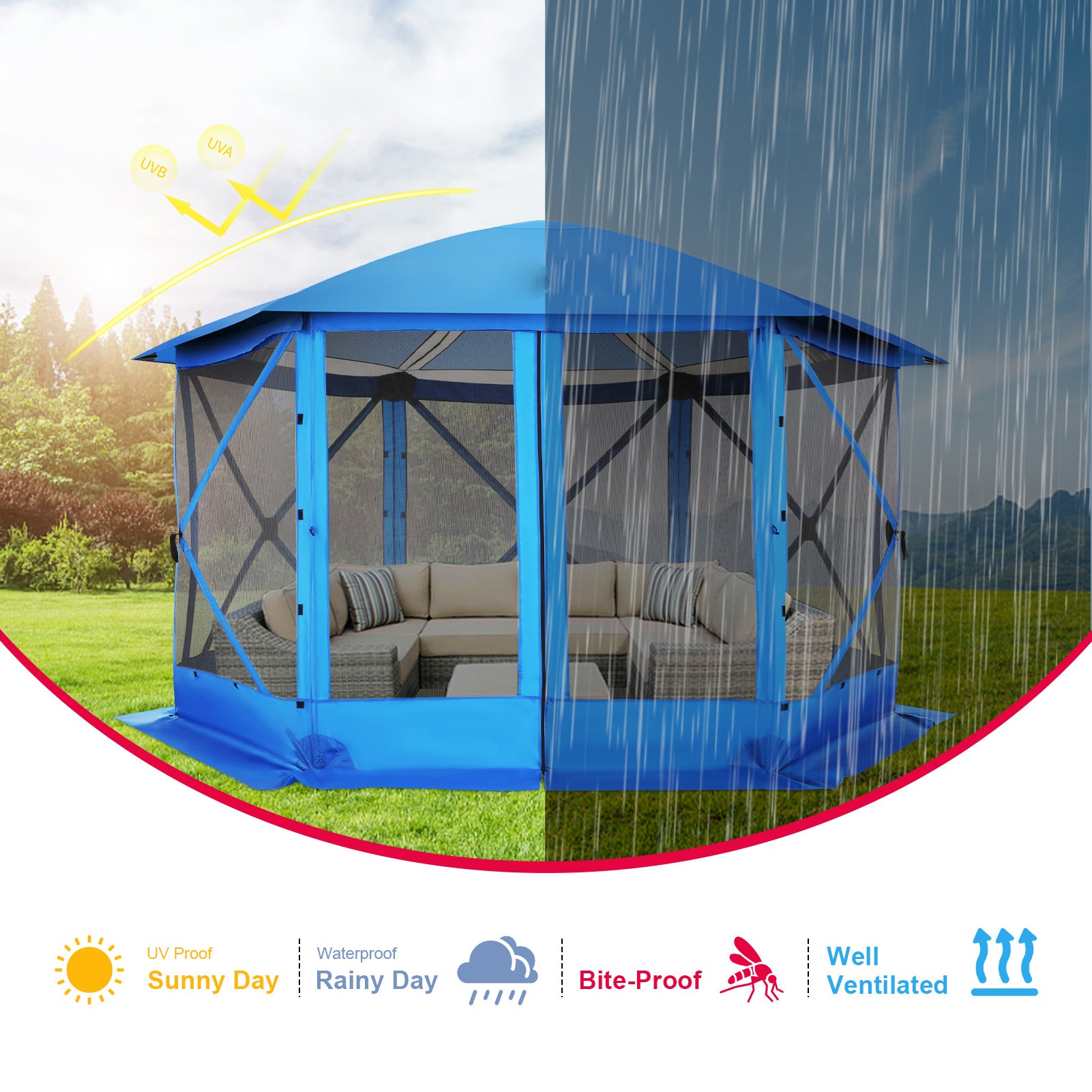 HOTEEL 12' x 12' Portable Pop-Up Outdoor Camping Gazebo, Screen Room with Mosquito Nettings, Waterproof, UV, Hub Tent Instant Screened Tent Canopy Shelter with Ground Stakes & Carry Bag, Beige