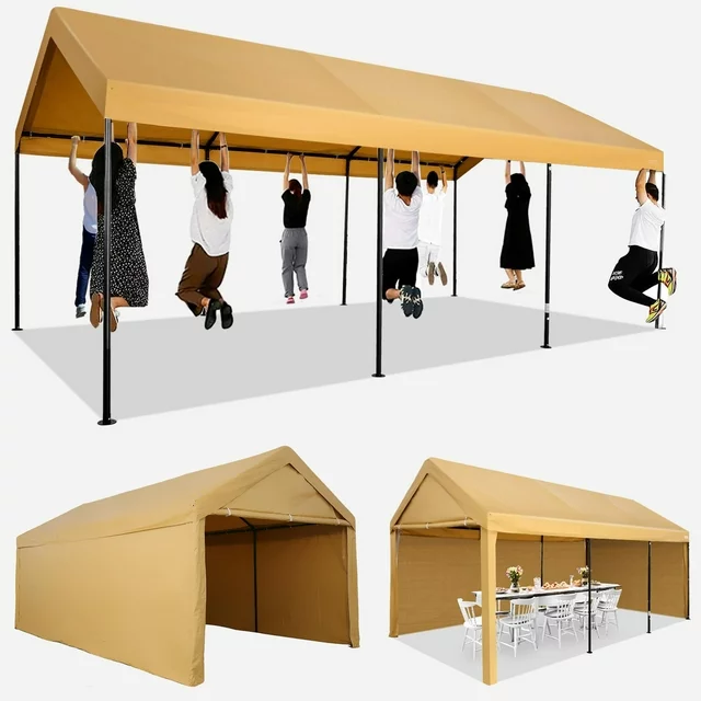 YUEBO Outdoor Carport 10x20ft Heavy Duty Canopy Storage Shed, Portable Garage Party Tent, Portable Garage with Removable Sidewalls & Doors All-Season Tarp for Car, Truck, Party, White