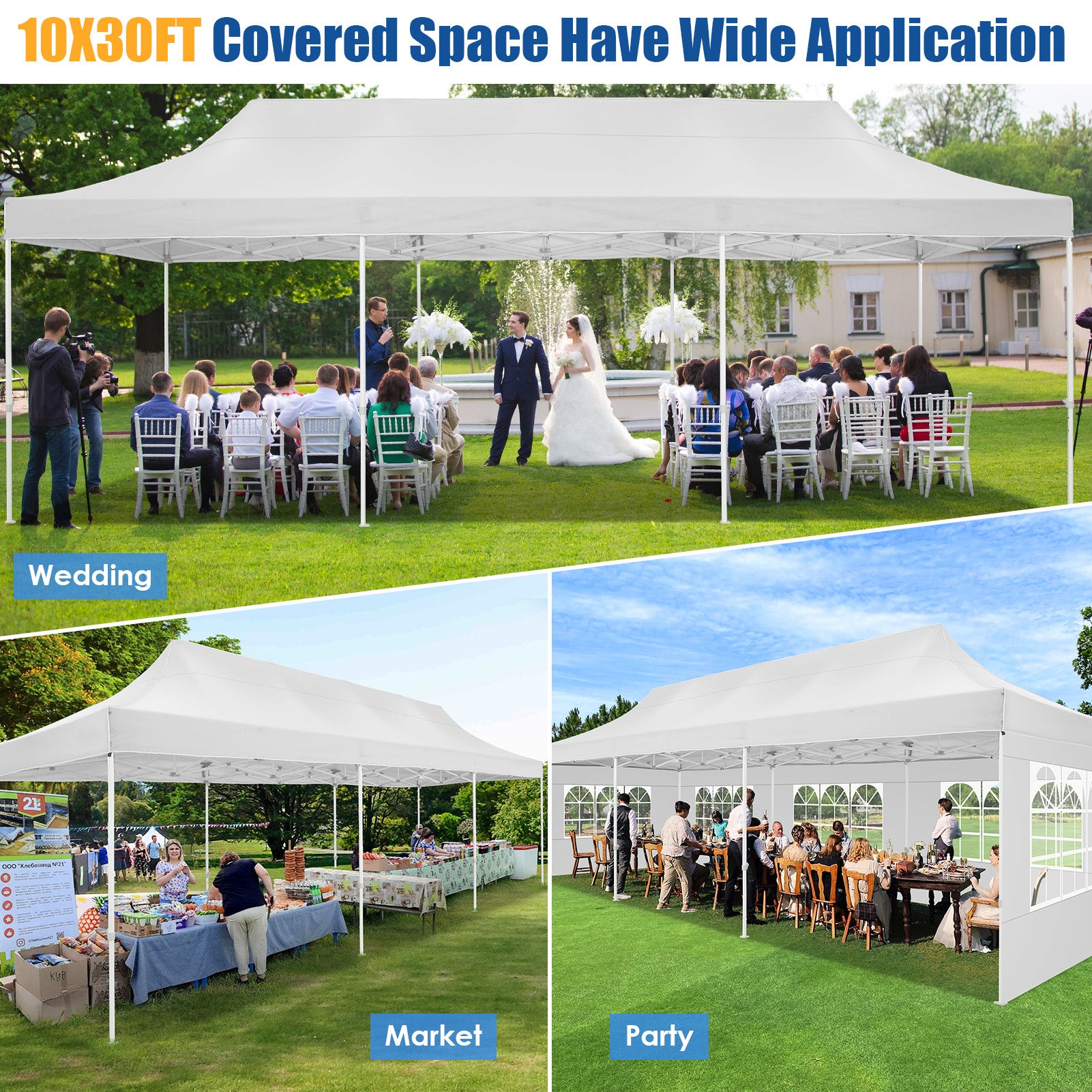 HOTEEL 10¡¯x30' pop-up tent, suitable for parties, heavy-duty easy-to-set-up tent with 8 side walls, outdoor commercial instant gazebo, suitable for wedding events, with portable bag