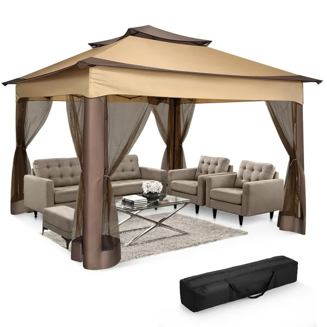 HOTEEL 12x12 Outdoor Waterproof Gazebo, Pop Up Canopy Tent with Adjustable Height, UV Protection & Mosquito Net, Ideal for Parties, Camping, Weddings, and Backyard Events,Brown