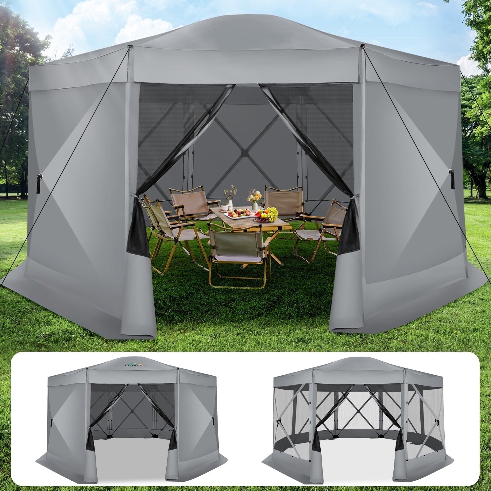 HOTEEL 15x15 ft Pop Up Gazebo Screen House Tent for Camping with 3 Sidewalls and Mosquito Netting, Waterproof, UV Resistant, Portable Carry Bag, for Outdoor Camping, Lawn and Backyard, Blue