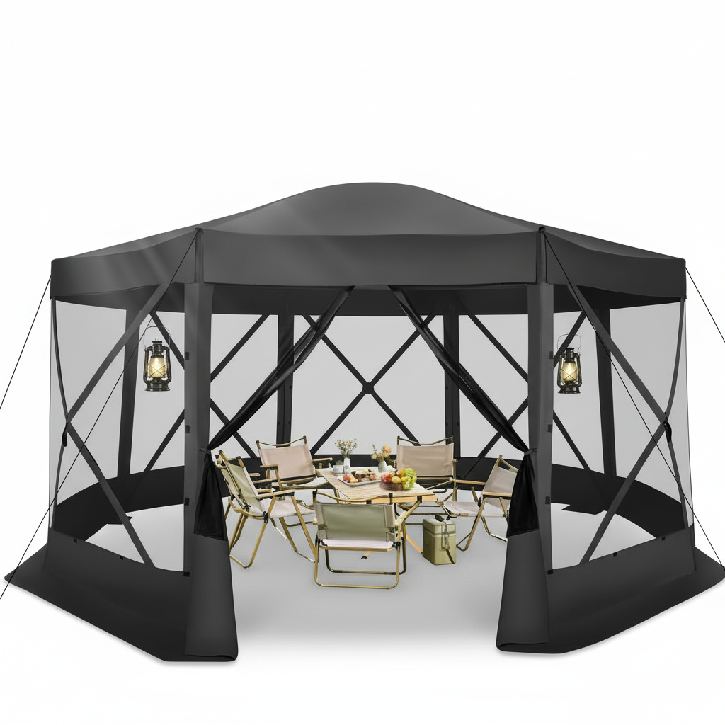 HOTEEL 15x15ft Outdoor Pop Up Gazebo for Camping, Screen House with Mosquito Netting, Waterproof, UV Resistant, Portable Carry Bag, Brown