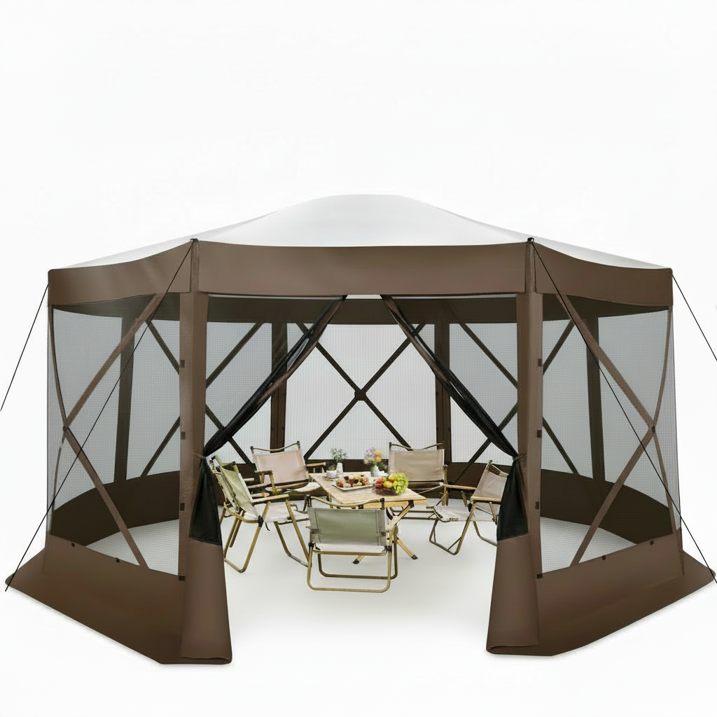 HOTEEL 15x15ft Outdoor Pop Up Gazebo for Camping, Screen House with Mosquito Netting, Waterproof, UV Resistant, Portable Carry Bag, Brown