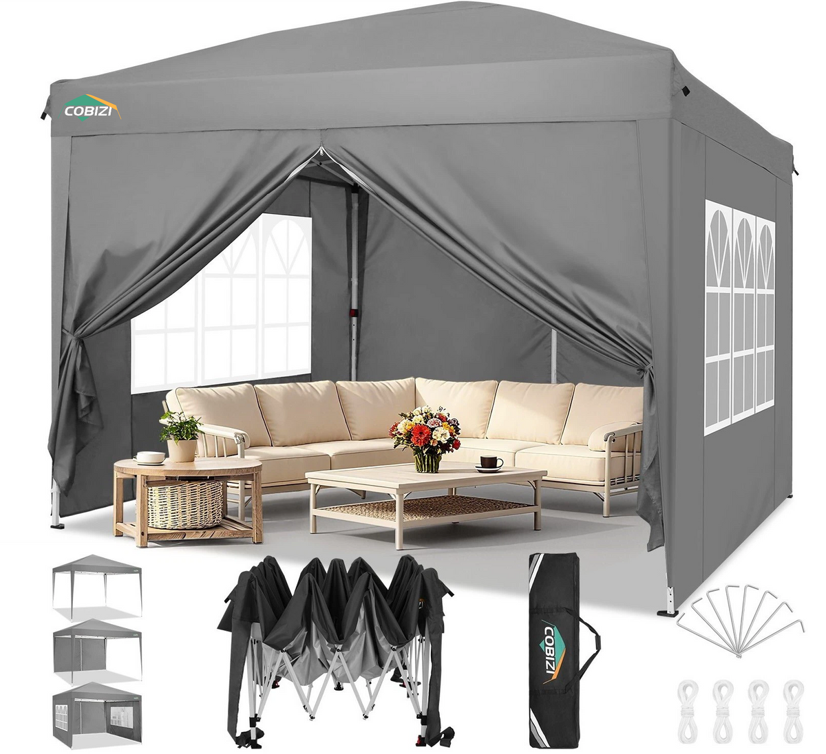 COBIZI 10'x10' Pop up & Protable Canopy Tent with 6 Sidewall & Carry Bag, Black SPC202