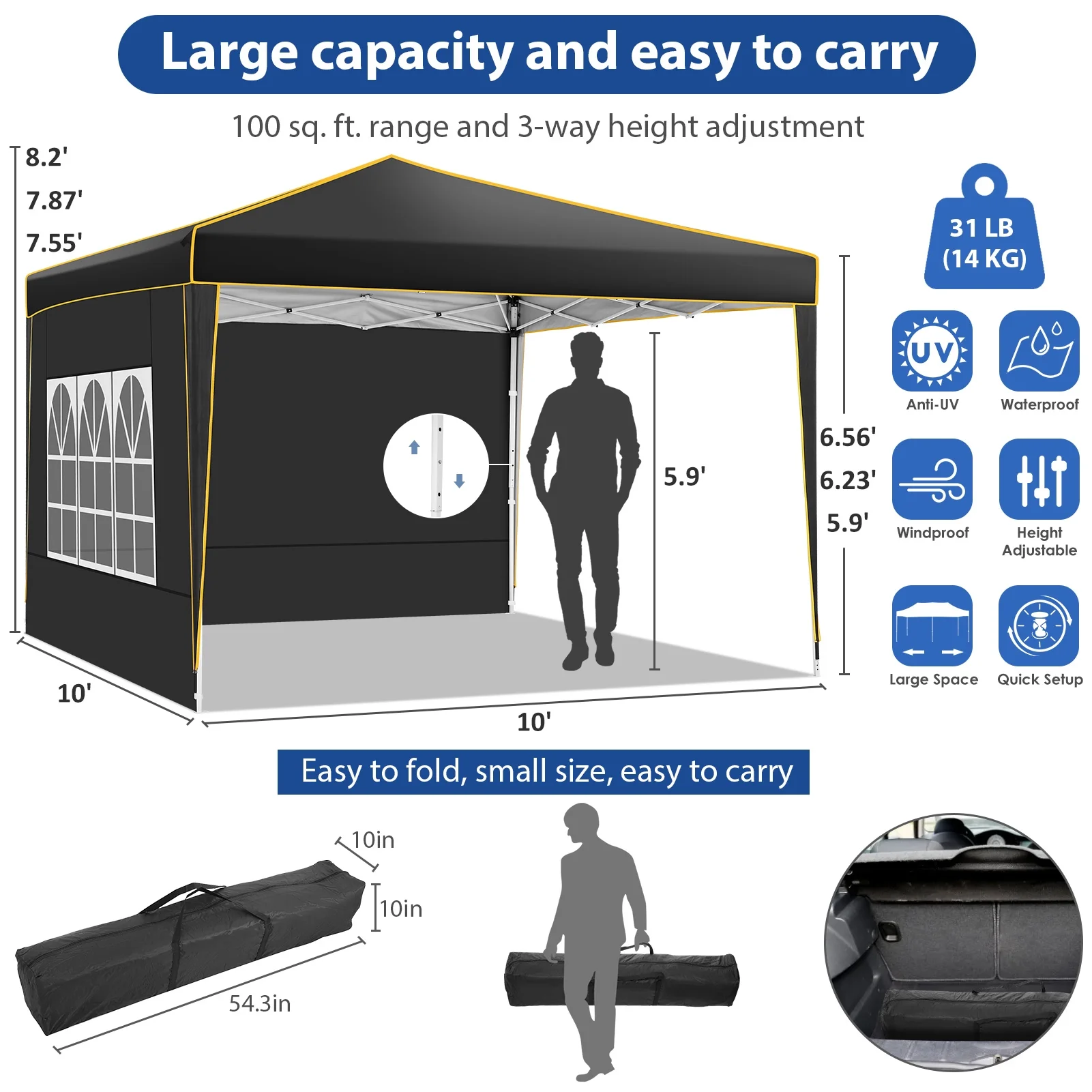 HOTEEL Pop up Canopy Tent 10x10 Commercial Instant Canopy with 4 Sidewalls & Carry Bag,Portable Tent for Parties Beach Camping Party Event Shelter Sun Shade