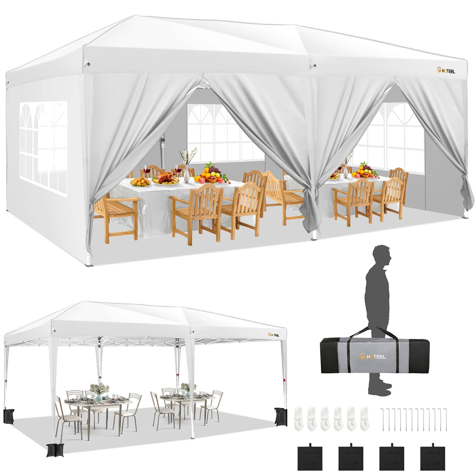 HOTEEL 10x20 Pop Up Canopy with Sidewalls, Easy Up Canopy Tent with Carry Bag, Outdoor Canopies with 4 Sandbags, Large Tents for Outdoor Events, Wedding, Backyard, Commercial, Black