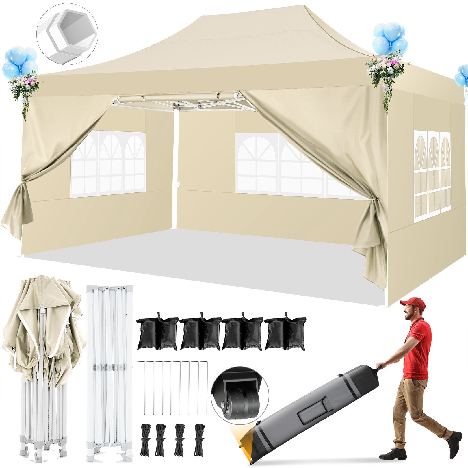 Hoteel 10'x15' Heavy Duty Canopy Tent with 4 Sidewalls,Pop up Canopy for Parties Wedding,Commercial Easy up Gazebo with Roller Bag,UV 50+&Waterproof