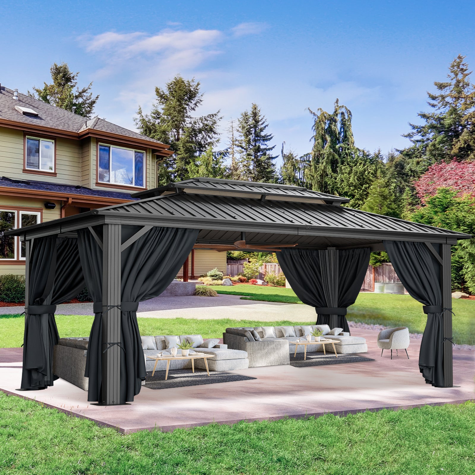 COBIZI 10'x15' Heavy Duty Hard Top Gazebo with Curtains & Netting, Black SPC274