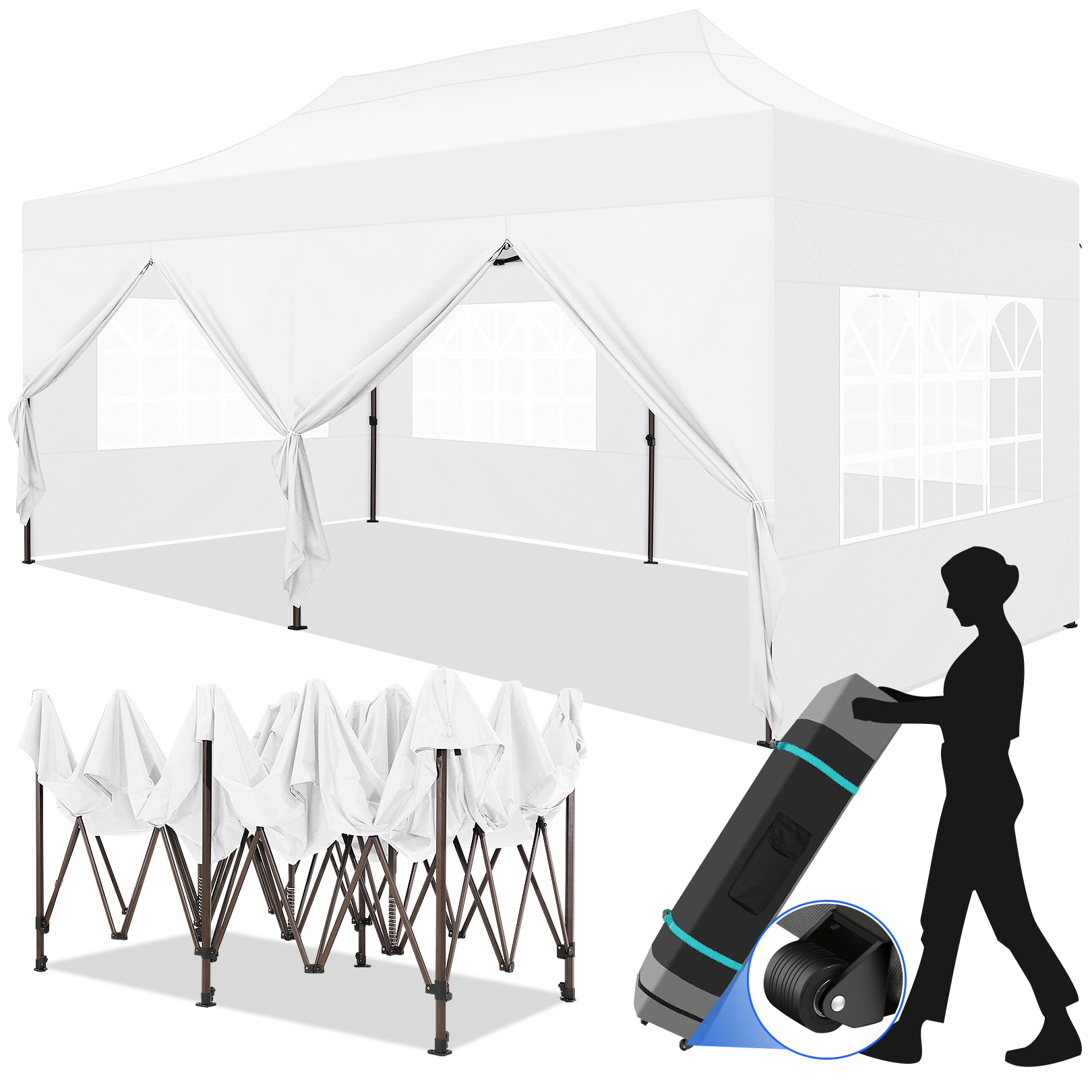 COBIZI 10x20 Pop Up Canopy Tent Heavy Duty with 6 Removable Sidewalls, Commercial Heavy Duty Pop Up Tent for Parties All Weather Waterproof and UV 50+ Wedding Tent with Roller Bag(Legs Upgraded)
