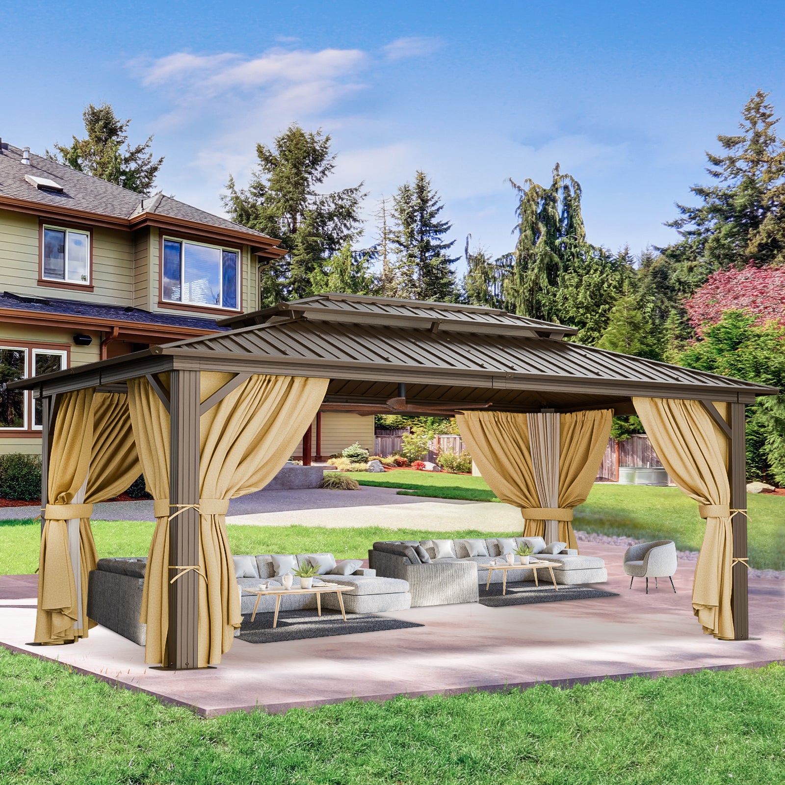 COBIZI 10'x15' Heavy Duty Hard Top Gazebo with Curtains & Netting, Brown SPC274