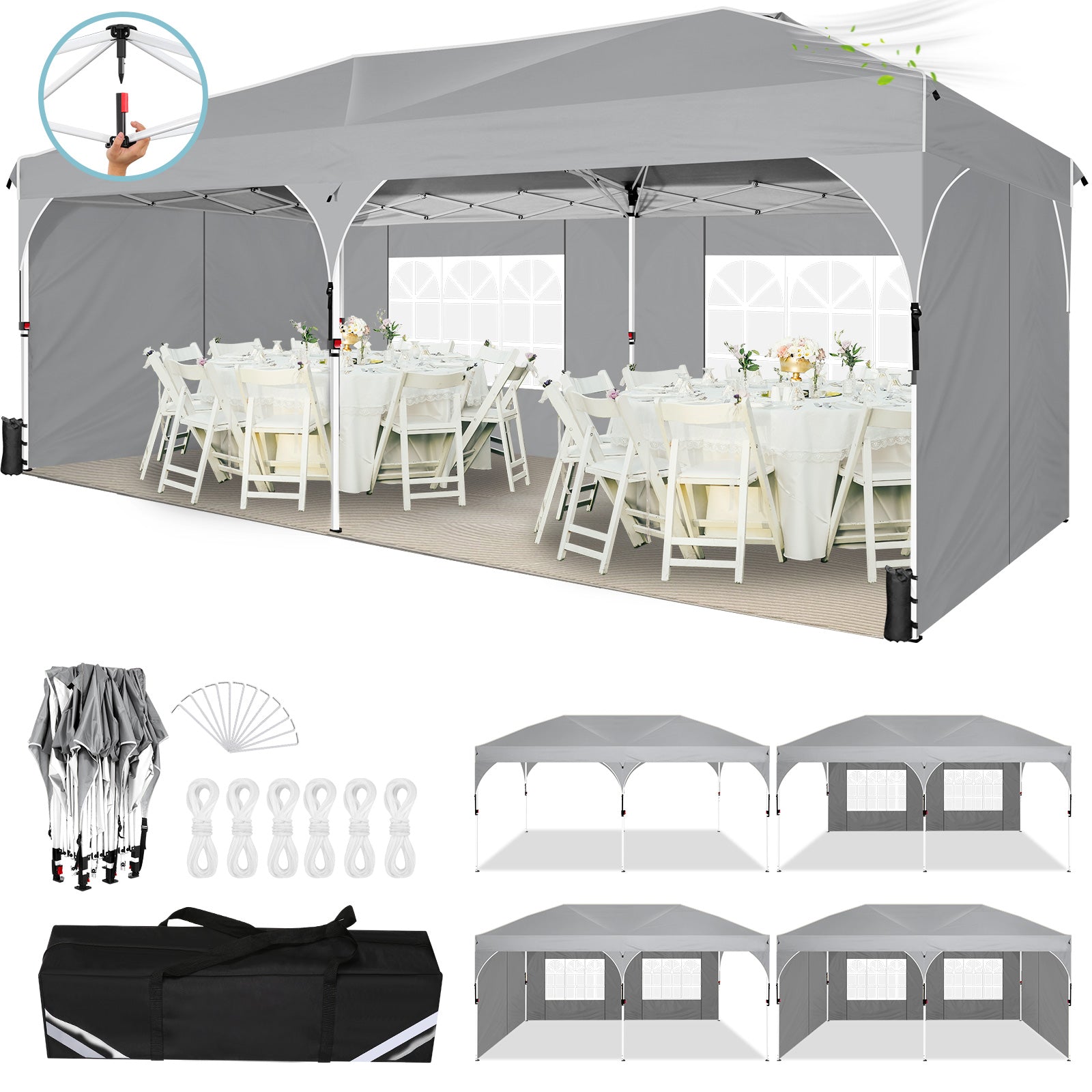 COBIZI 10'x10'/10'x20'/10'x30' Pop Up Canopy Tent with 4 Sidewalls, One-Push Center Lock, UPF 50+ Waterproof Easy Up Gazebo,Outdoor Sun Shelte SPC000142x