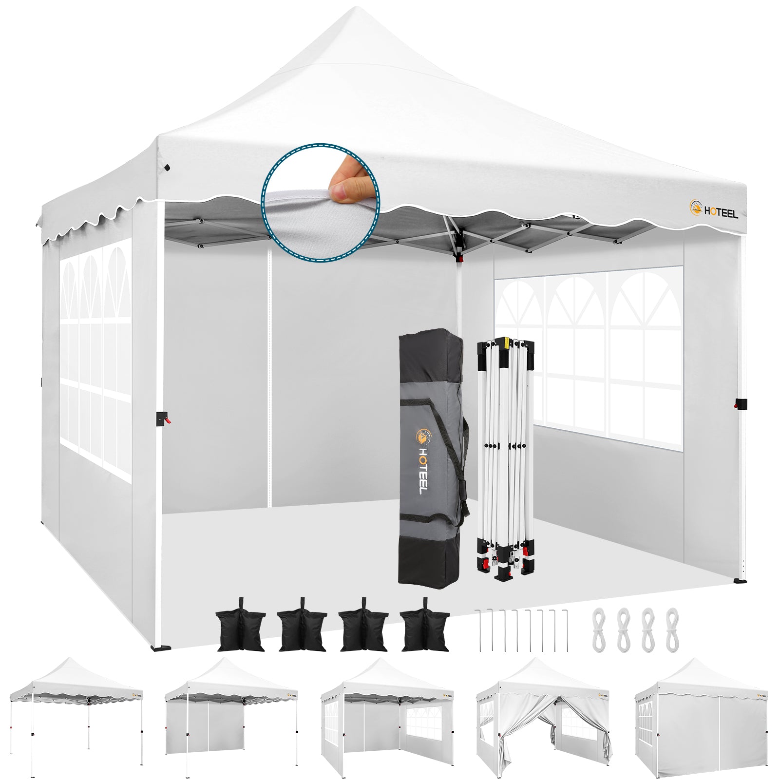 HOTEEL 10'x10' Pop Up Canopy , UPF 50+ Easy Setup Canopy Tent Waterproof Outdoor Instant Portable Shelter with 4 Removable Sidewalls, Sandbags, Stakes & Ropes for Party, Events, Vendor, White