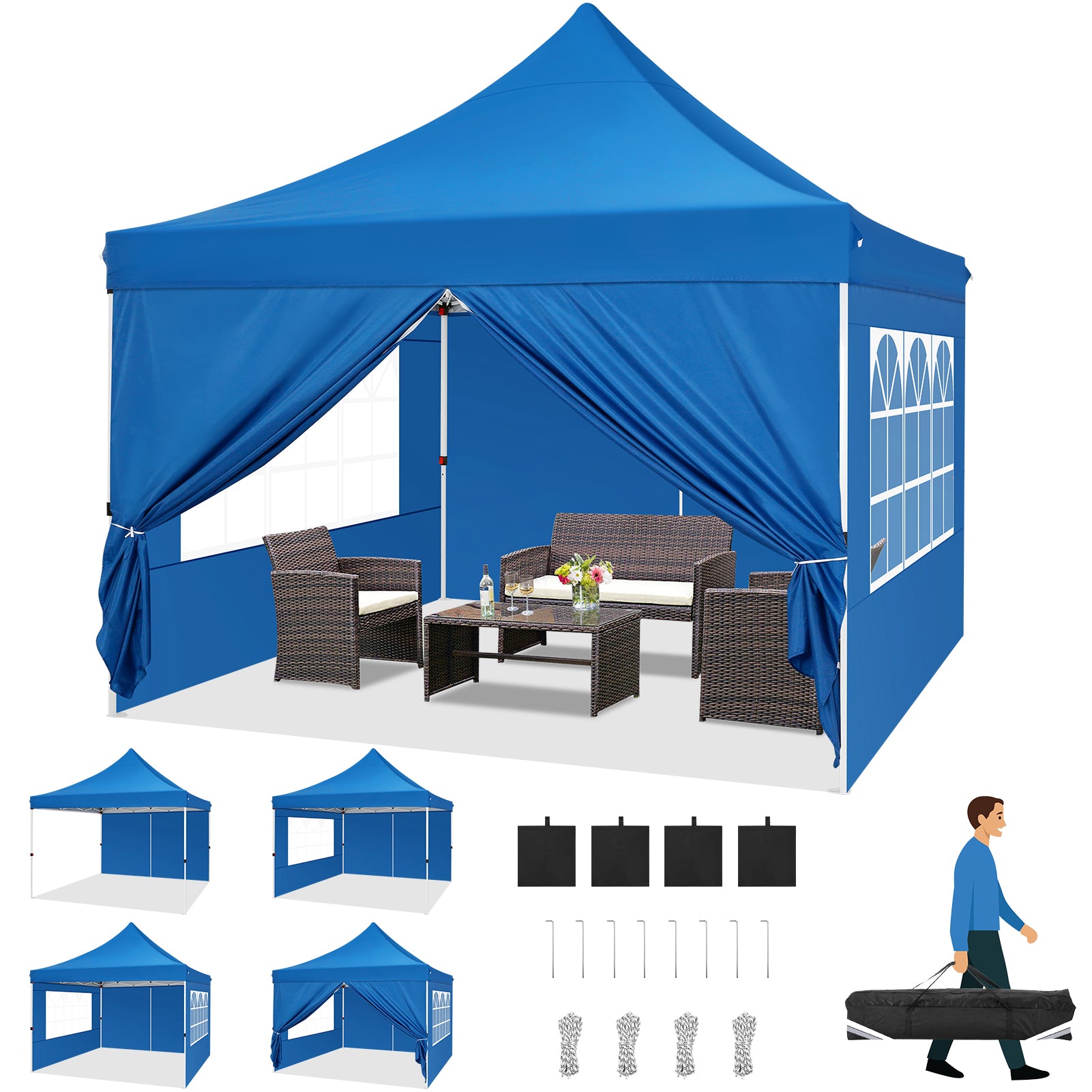 Hoteel 10x10 Pop up Canopy Tent Commercial Instant Canopy with 4 Sidewalls & Sandbags, UPF 50+ All Season Portable Tent for Parties Beach Camping Party Event Shelter Sun Shade