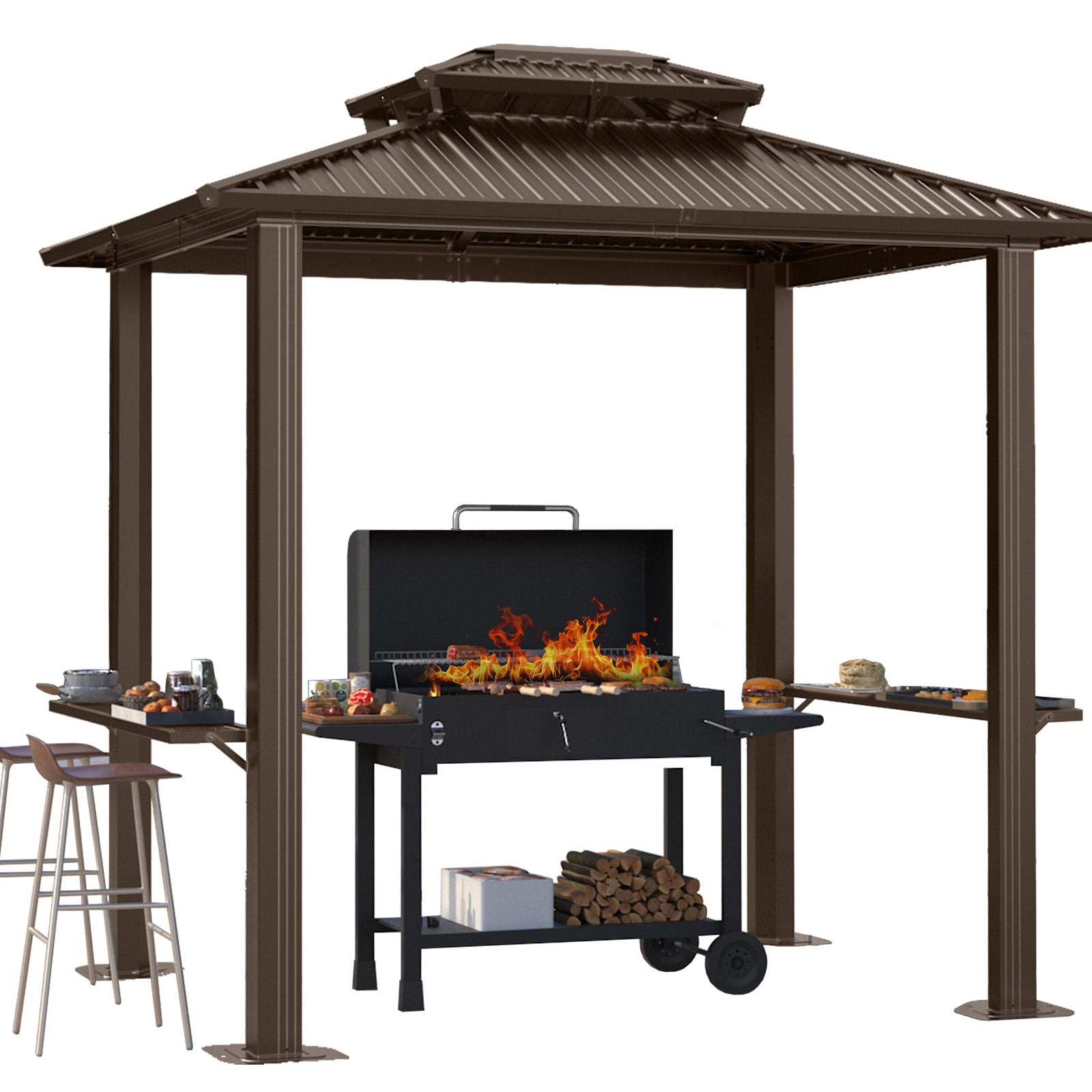 HOTEEL 10'x15' Hardtop Gazebo, Outdoor Steel Double Galvanized Roof Canopy, Aluminum Frame Permanent Pavilion Metal Gazebo with Curtains and Nettings, Sunshade for Patios, Gardens, Lawns, Black