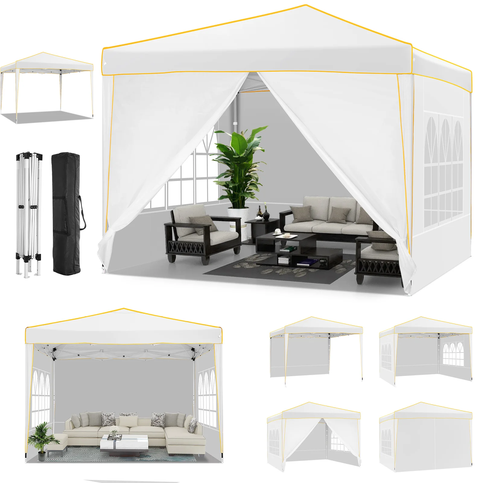 HOTEEL Pop up Canopy Tent 10x10 Commercial Instant Canopy with 4 Sidewalls & Carry Bag,Portable Tent for Parties Beach Camping Party Event Shelter Sun Shade,White