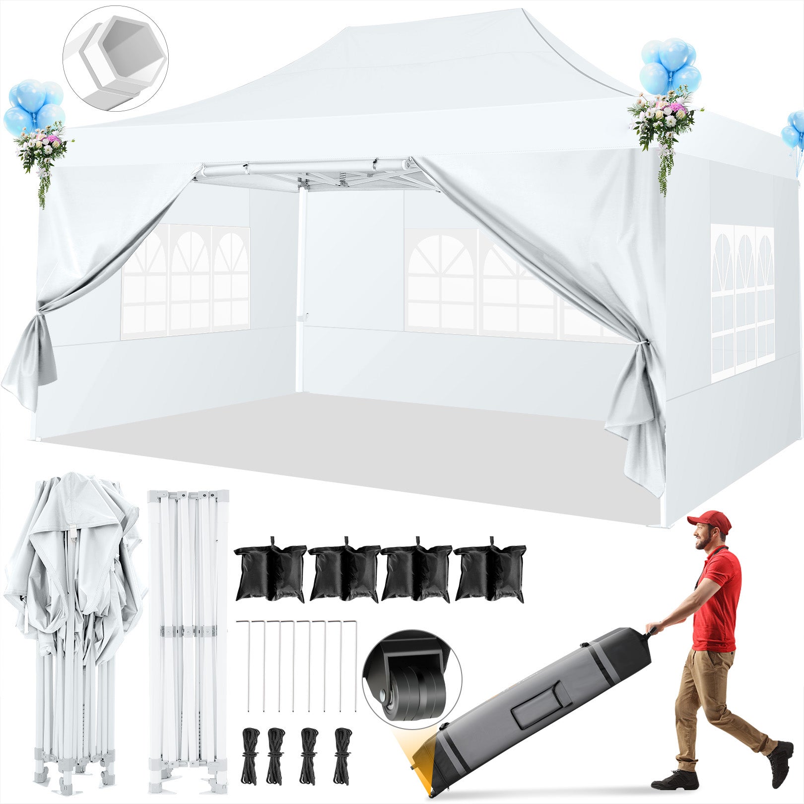 Hoteel 10'x15' Heavy Duty Canopy Tent with 4 Sidewalls,Pop up Canopy for Parties Wedding,Commercial Easy up Gazebo with Roller Bag,UV 50+&Waterproof