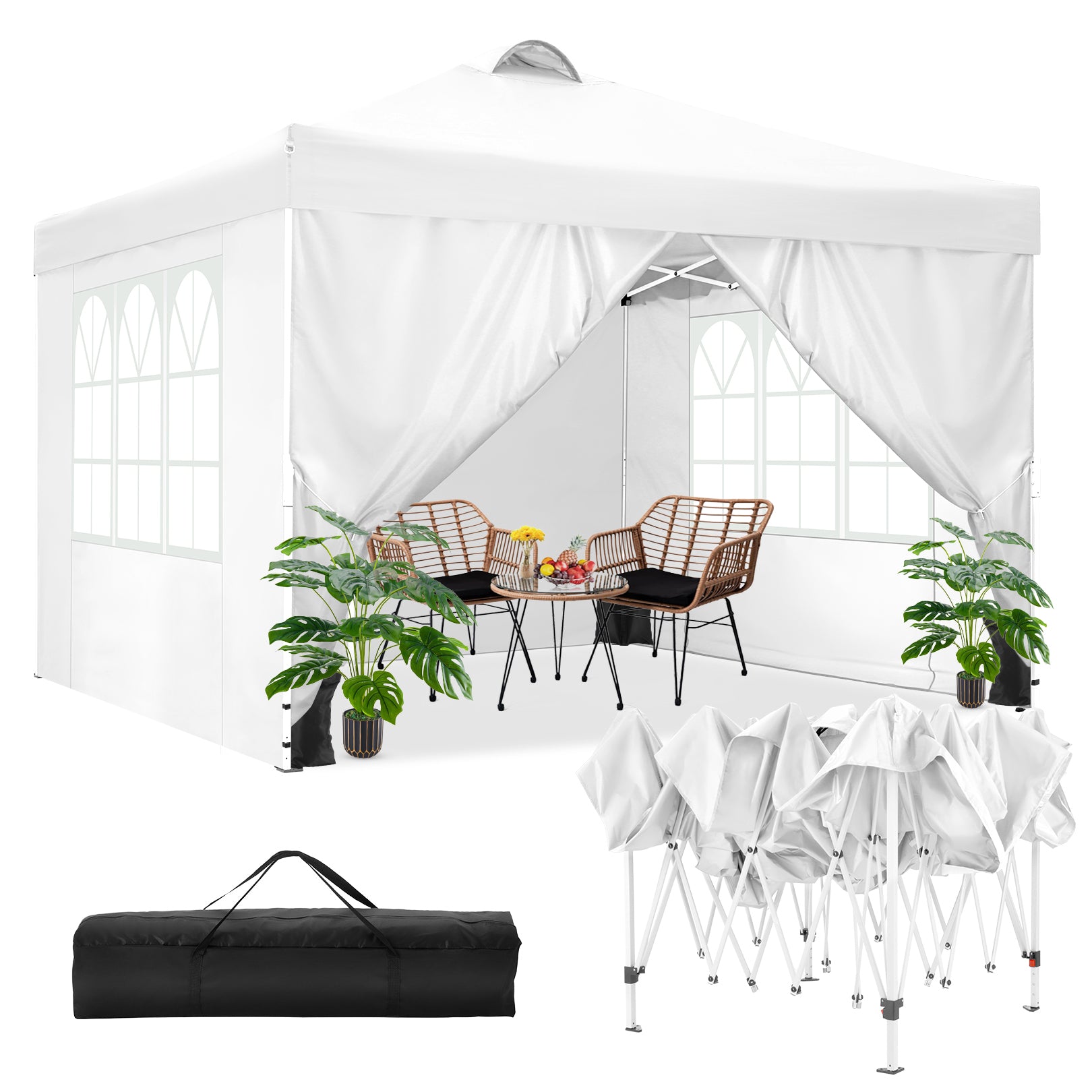 COBIZI 10' x 10' Adjustable Height Pop-up Canopy Tent Fully Waterproof Instant Outdoor Canopy Folding Shelter with 4 Removable Sidewalls, Air Vent on The Top, 4 Sandbags, Carrying Bag, White