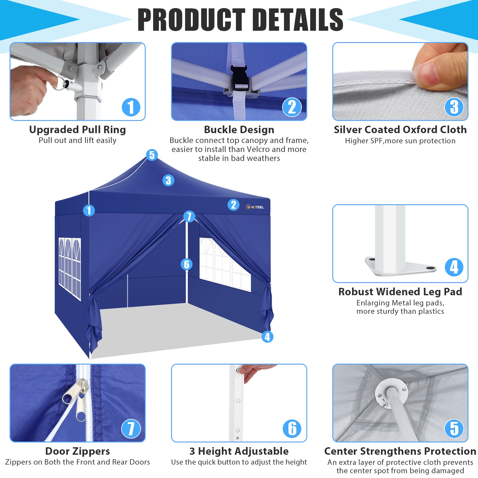 Hoteel 10'x10' Heavy Duty Canopy Tent with 4 Sidewalls, Commercial Instant Shelter Tent for Parties, Wedding Event, Adjustable Outdoor Canopy with Carry Bag, 4 Ropes & 8 Stakes, Dark Blue