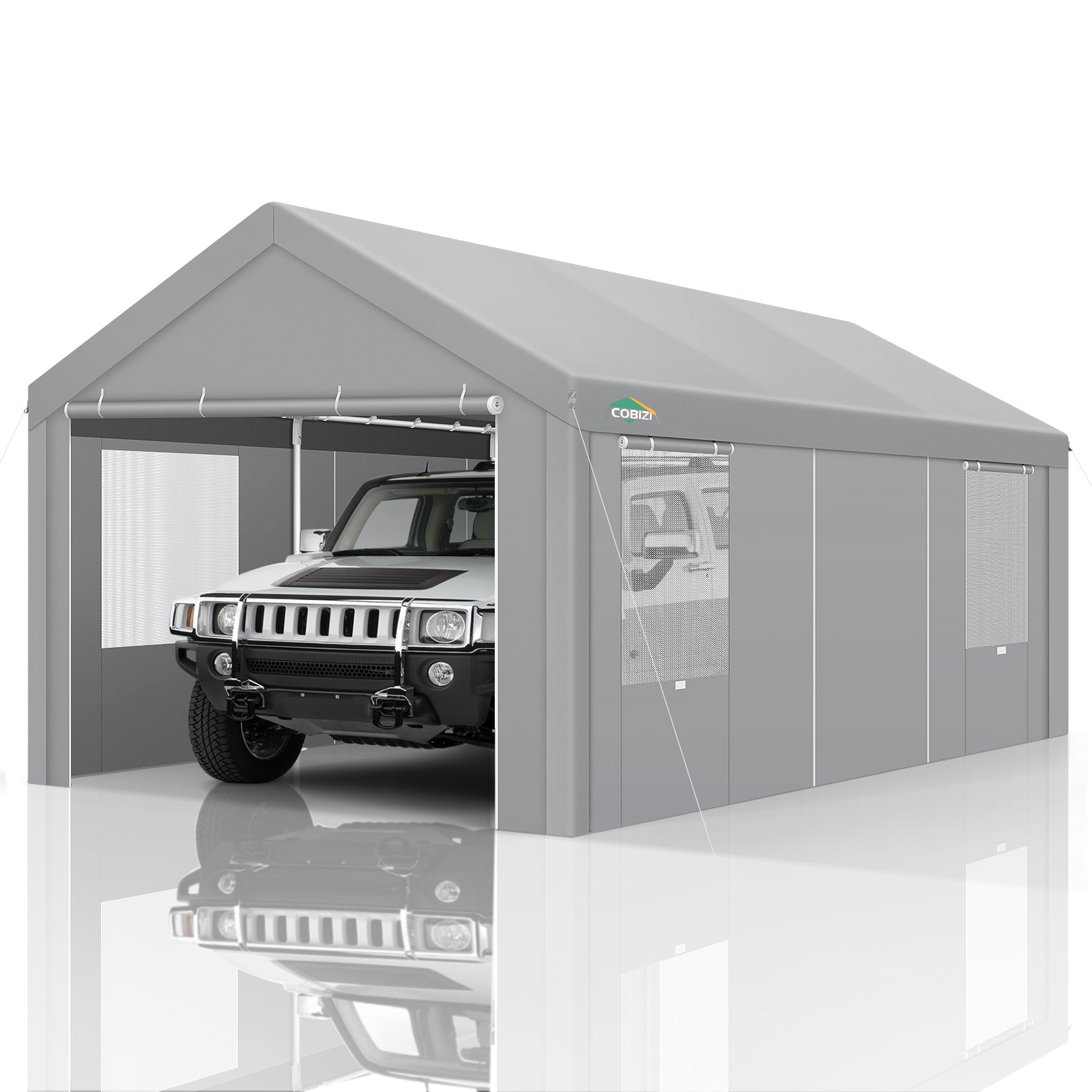 COBIZI Carport 10x20 ft Heavy Duty Car Canopy with Roll-up Windows Portable Garage with Removable Sidewalls & Door, Outdoor Canopy Carport Portable Car Tent Garage Car Canopy with Steel Frame, Gray