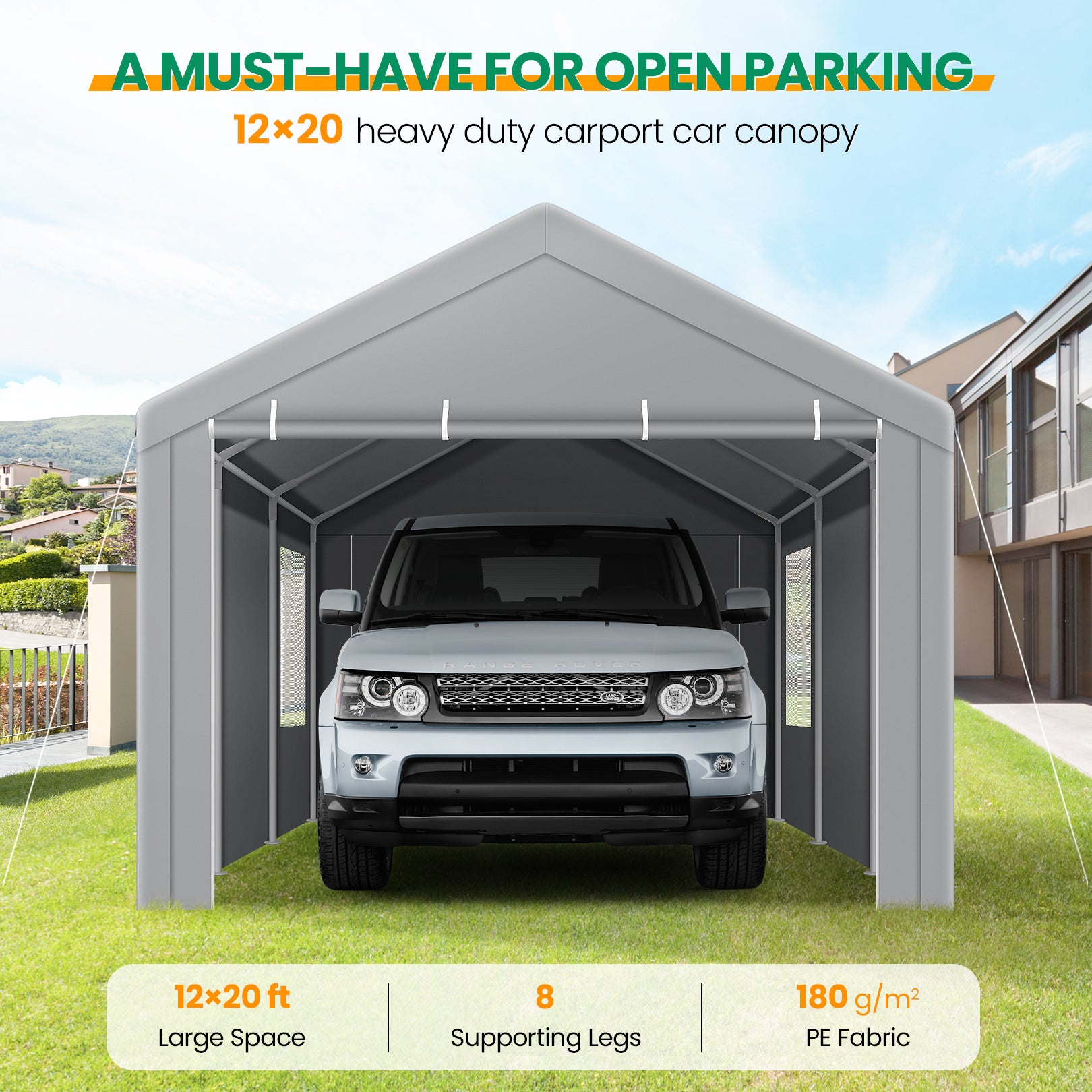 COBIZI Carport 10x20 ft Heavy Duty Car Canopy with Roll-up Windows Portable Garage with Removable Sidewalls & Door, Outdoor Canopy Carport Portable Car Tent Garage Car Canopy with Steel Frame, Gray